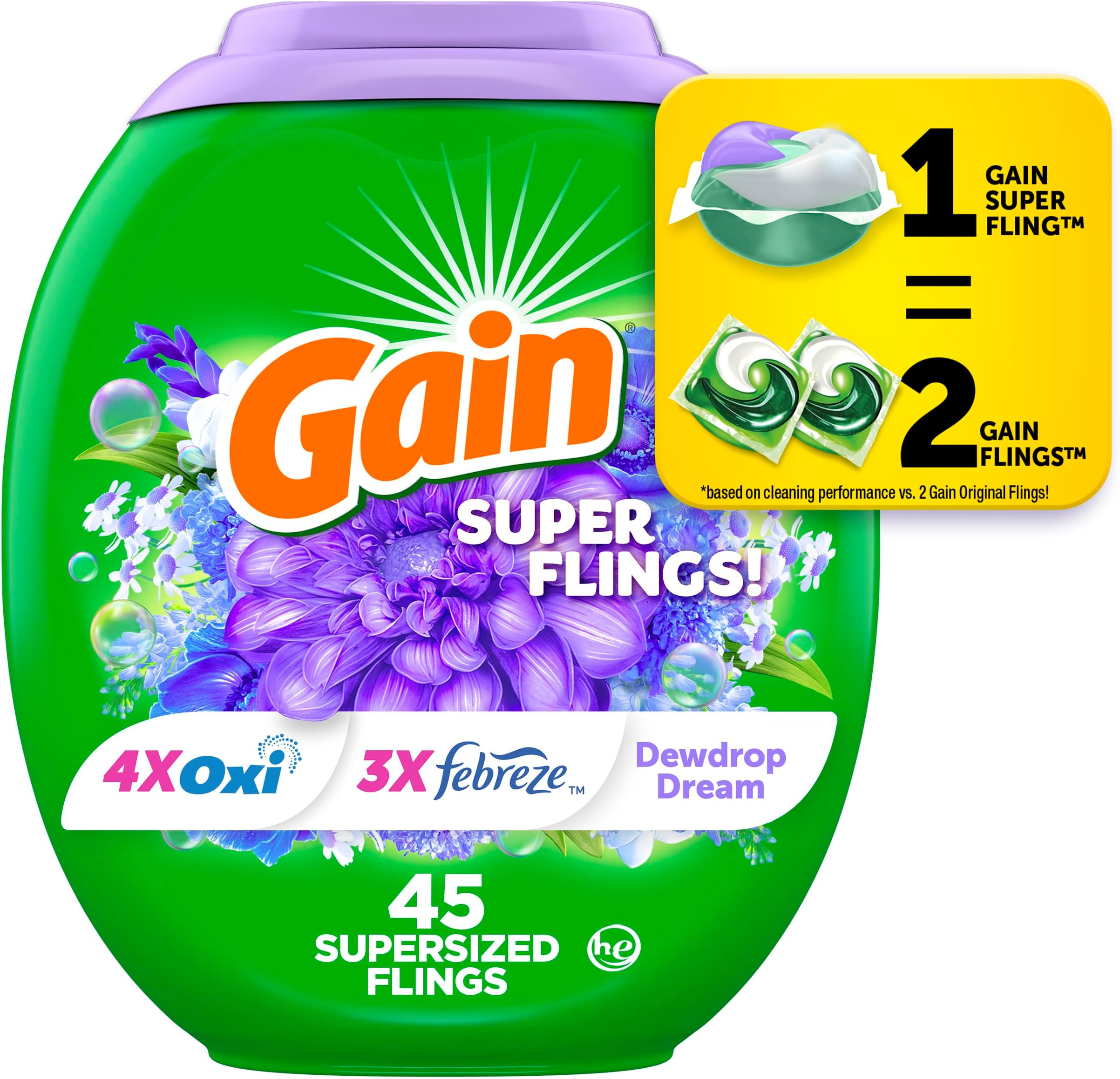 Gain Super Flings Laundry Detergent Pacs, 45 Count, Dewdrop Dream scent, clean and fresh washing detergent laundry soap pacs