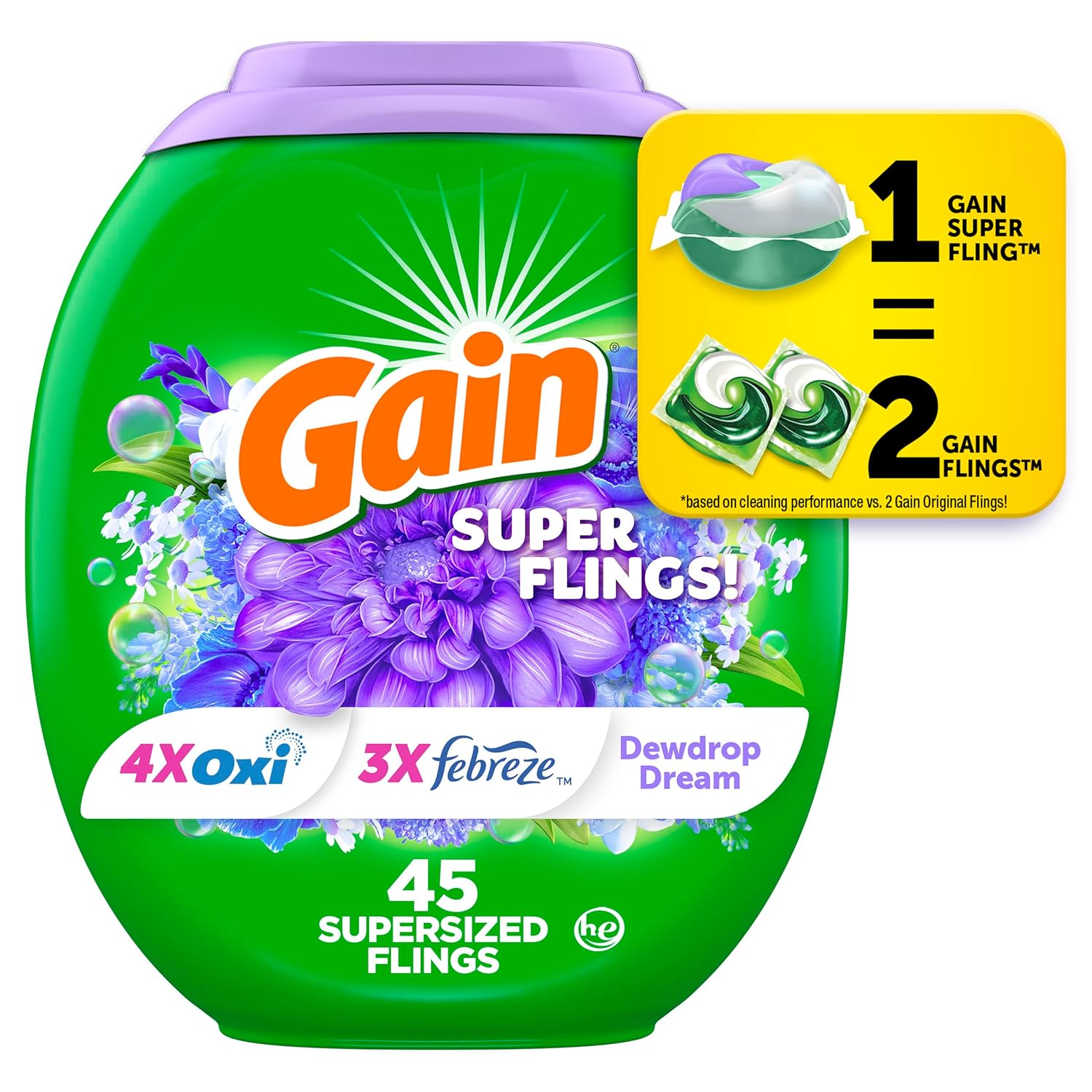 Gain Super Flings Laundry Detergent Pacs 45 Count Dewdrop Dream scent irresistibly clean and fresh washing detergent laundry