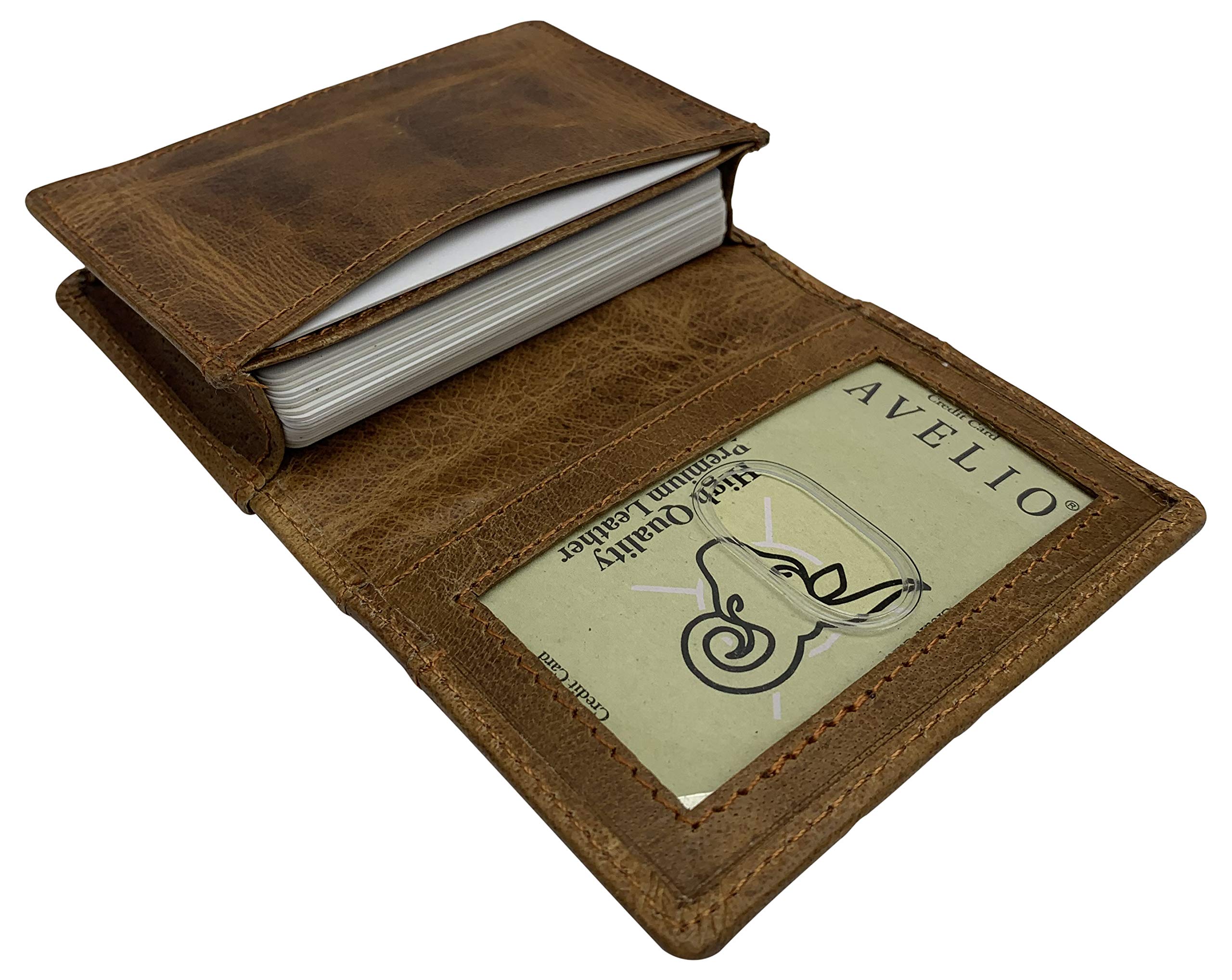 Genuine Leather Business Card Holder Name Card Case Credit Card Wallet with ID Window RFID Blocking USA Series (Tan)