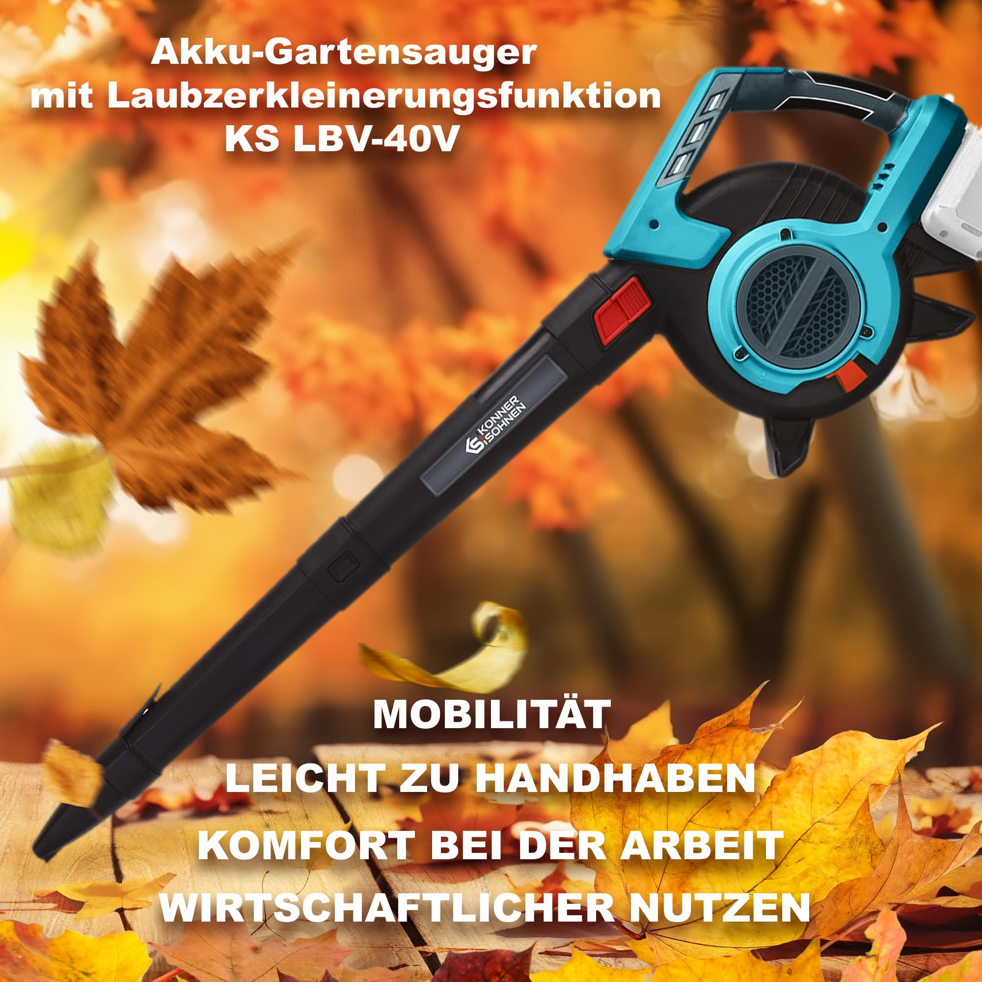 Akku-Gartensauger mit Laubzerkleinerungsfunktion KS LBV-40V, Nennspannung 40 (20+20) V, Leerlaufdrehzahl 1630 U/min, Volumen des Staubsaugerbeutels 45 l, 4 Geschwindigkeiten +Turbomodus