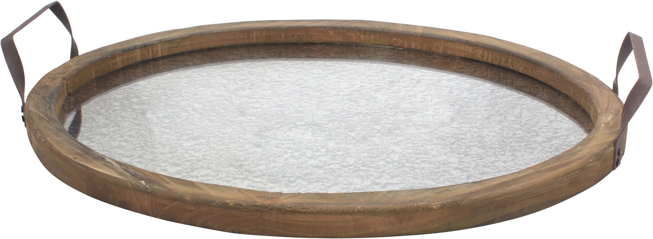 Stonebriar Brown Oval Wood Serving Tray with Metal Handles and Distressed Mirror Base