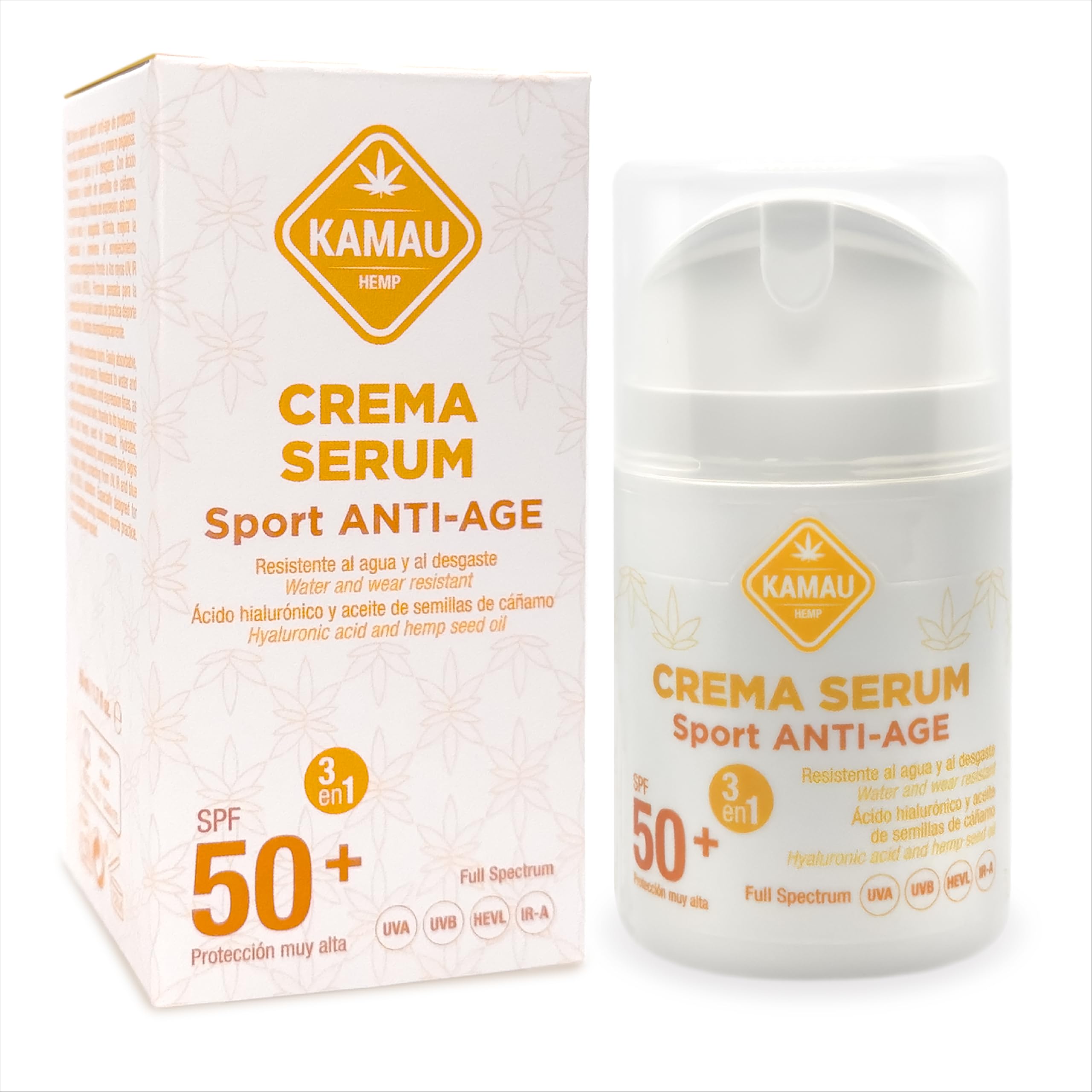 Crema Serum con Acido Hialuronico SPF 50+ Kamau 50 ml - Protección Solar Deportiva, Resistente al Agua, Hidratante con Ácido Hialurónico y Aceite de Semillas de Cáñamo, Antiarrugas y Antioxidante