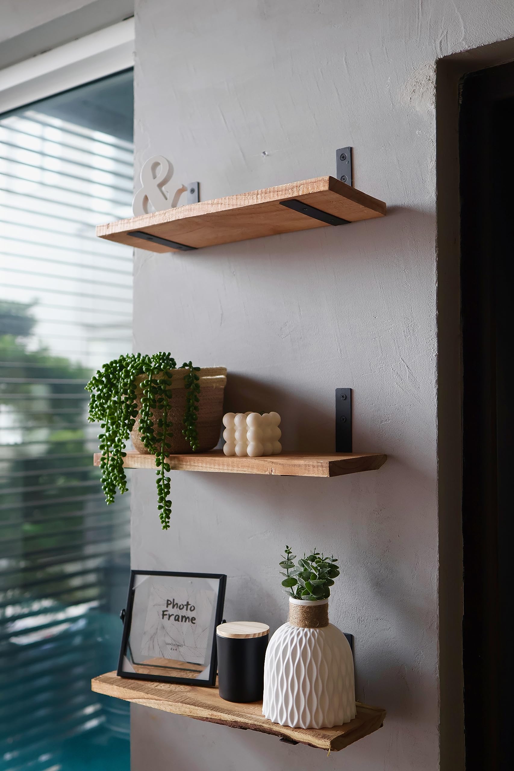 Lang Horn Wall Mounted Shelves Torched Wooden Shelves Set of 3 for Bedroom, Bathroom, Living Room, Kitchen, Home Office, Laundry room,etc