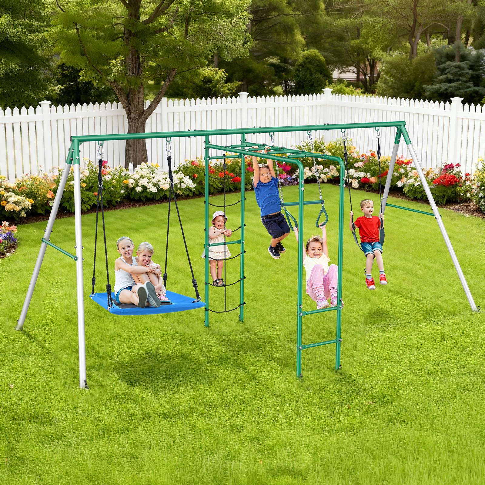 Hapfan Swing Sets for Backyard with Monkey Bars, Belt Swing, Platform Swing, Climbing Net, Trapeze Bar, Outdoor Playset for Kids