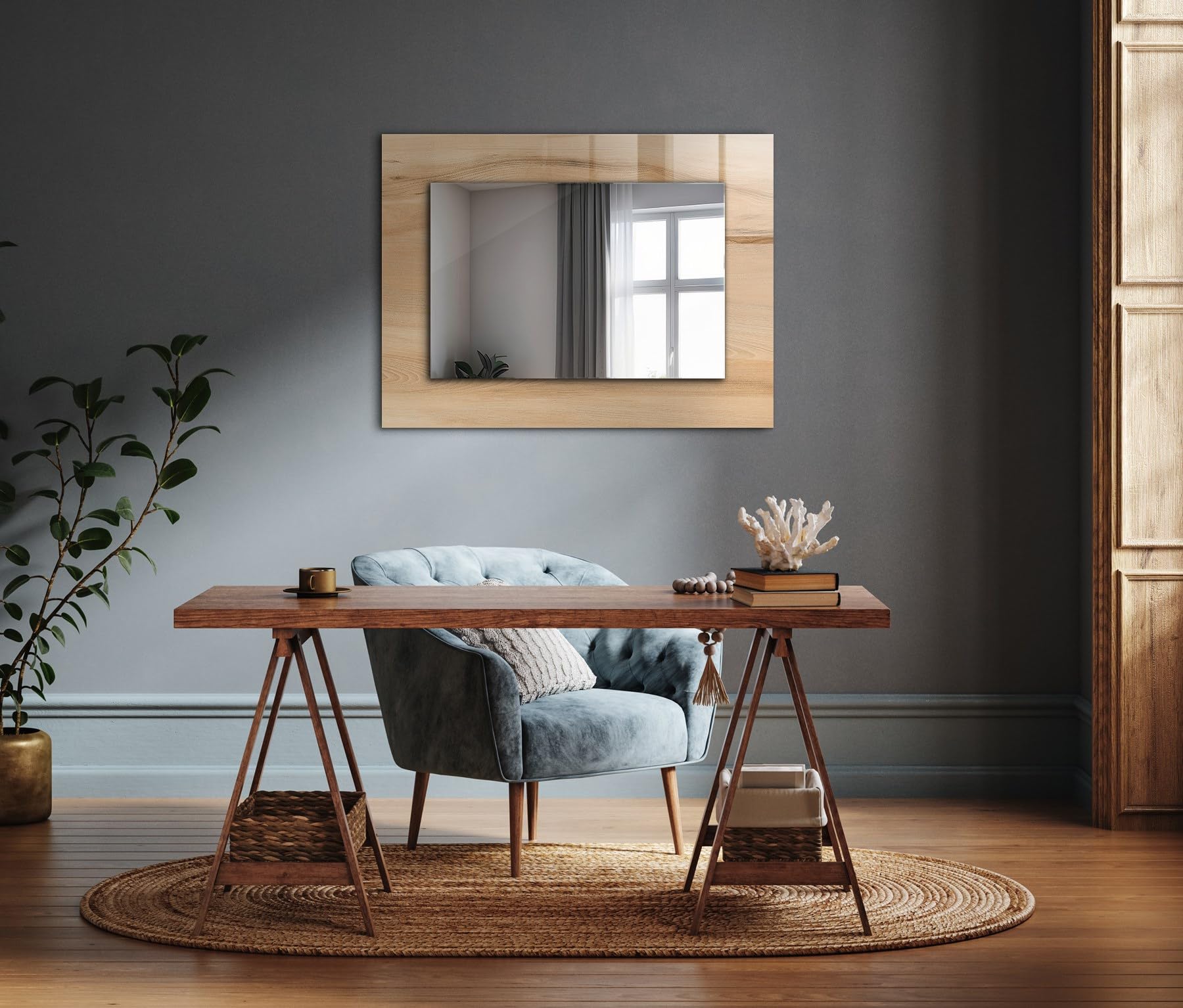 Prostokątne lustro ścienne, 80 x 60 cm, szklana rama z nadrukowaną krawędzią, elegancki akcent do każdego pomieszczenia, faktura drewnianej deski