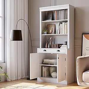 GarveeHome 71" Tall Bookshelf and Bookcase with Drawer, 5-Tier White Bookshelf with Doors, Adjustment Shelf, Wood Bookshelves Storage Cabinets for Home Office, Living Room, White