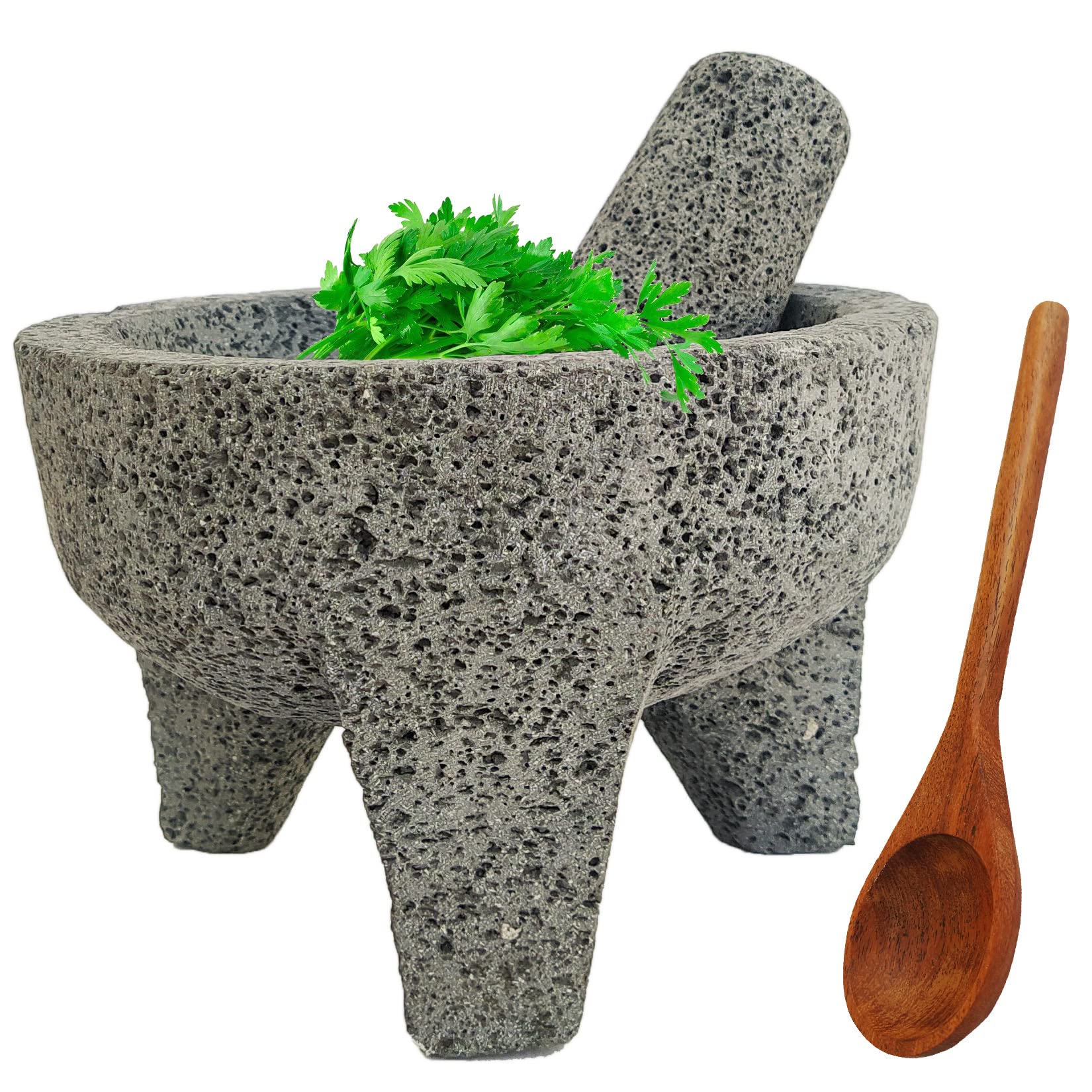8in Molcajete Mexicano De Piedra Volcanica Natural Grande - Large Guacamole Mortar & Pestle Set - Mexican Grinding Bowl - Volcanic Stone Grinder - Lava Rock Smasher - Salsa Maker - Mortero Para Cocina