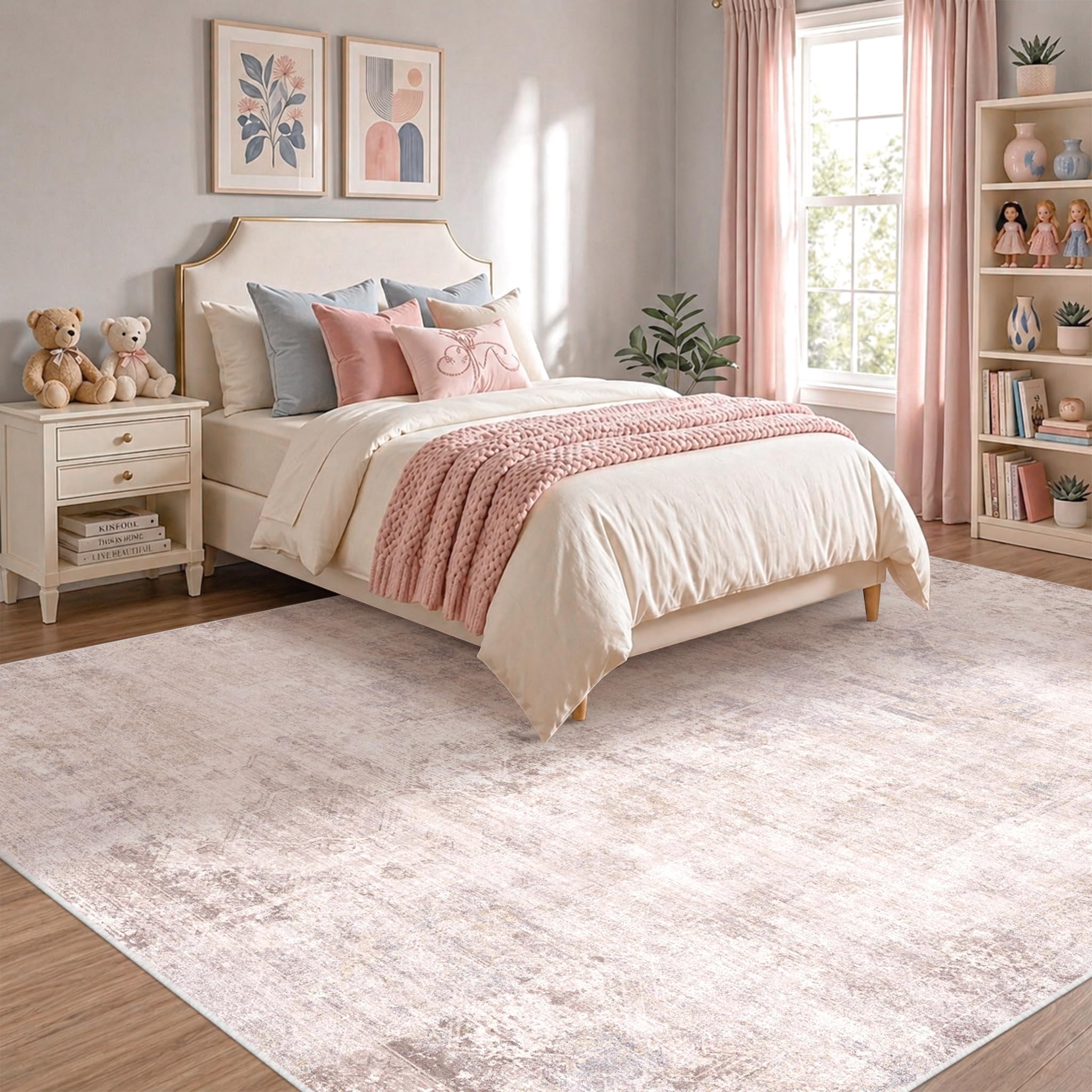 Photo 1 of Pink Mauve and Grey Living Room Rug 8x10 - Modern Distressed Medallion Area Rug for Dining Room Under Table, Bedroom, Washable Non Slip High Traffic Low Pile Thin Floor Carpet, Distressed Design
