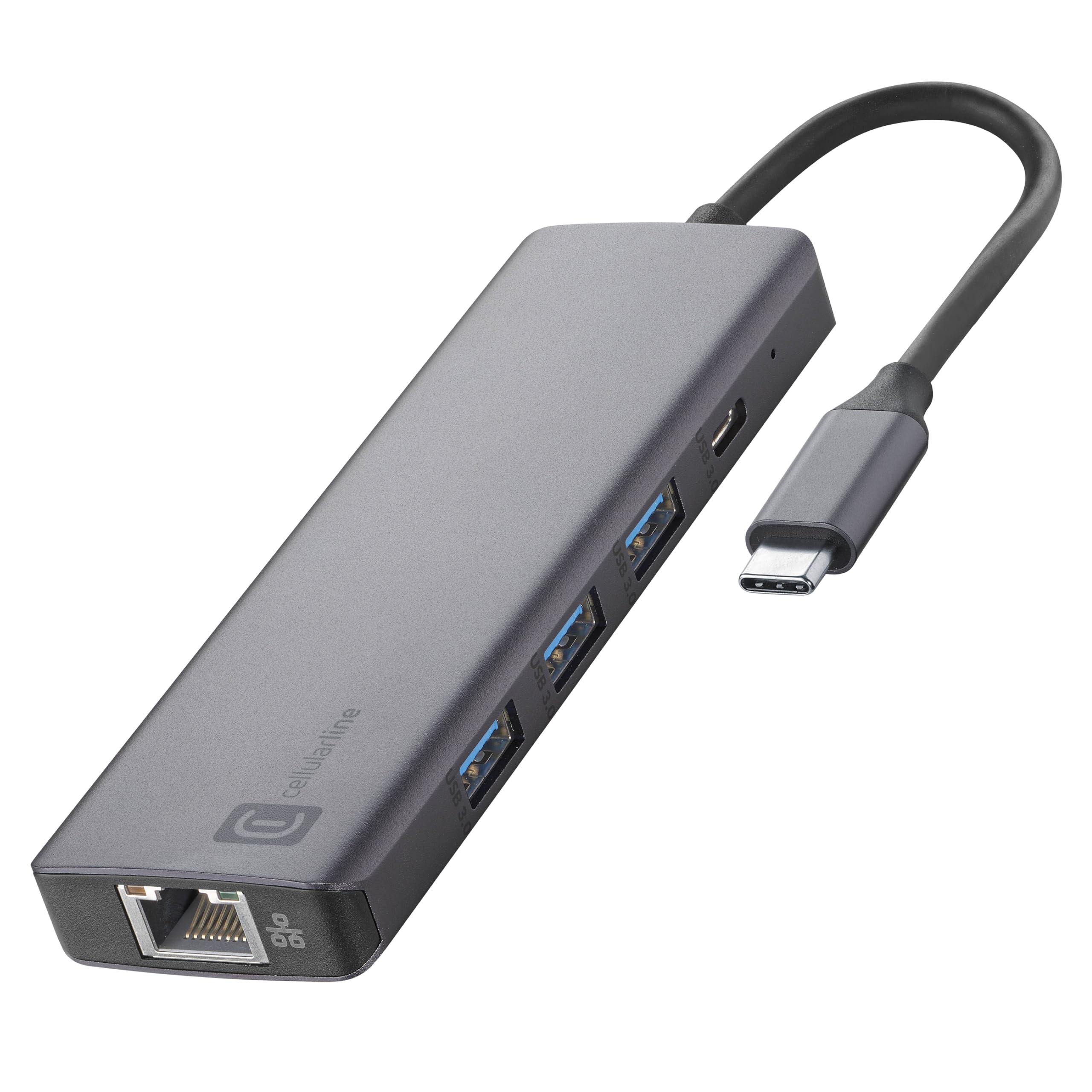 Cellularline HUB PRO 9-portowy koncentrator, ładowanie i transfer danych, 3 porty USB-A 3.0, USB-C Power Delivery do 100 W, HDMI 4K przy 60 Hz, Ethernet LAN, SD i Micro SD, szary metaliczny