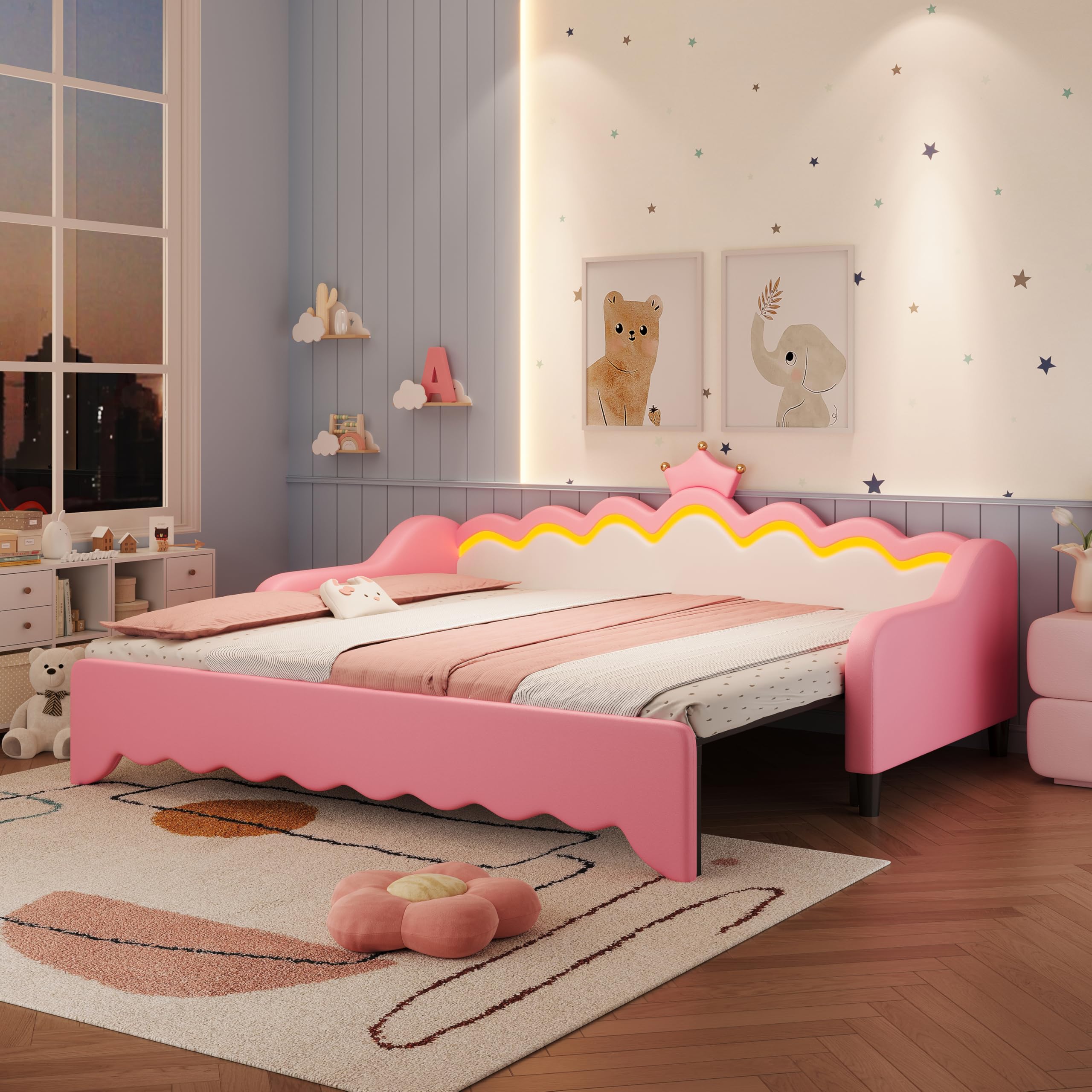 BTM 3ft Single Daybed with LED Crown Shape Headboard, PU Leather Sofa Bed Frame, Pull out Trundle Bed for Bedroom Pink (No Mattress)