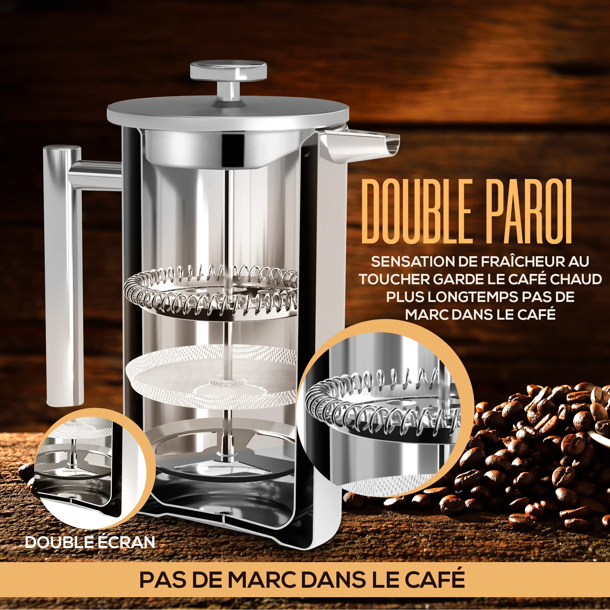 KICHLY Cafetière à piston en acier inoxydable - Machine à expresso et à thé avec triple filtres - Verre résistant à la chaleur avec piston en acier - Cafetière portable - 34 oz (1,0 litre) - Argent
