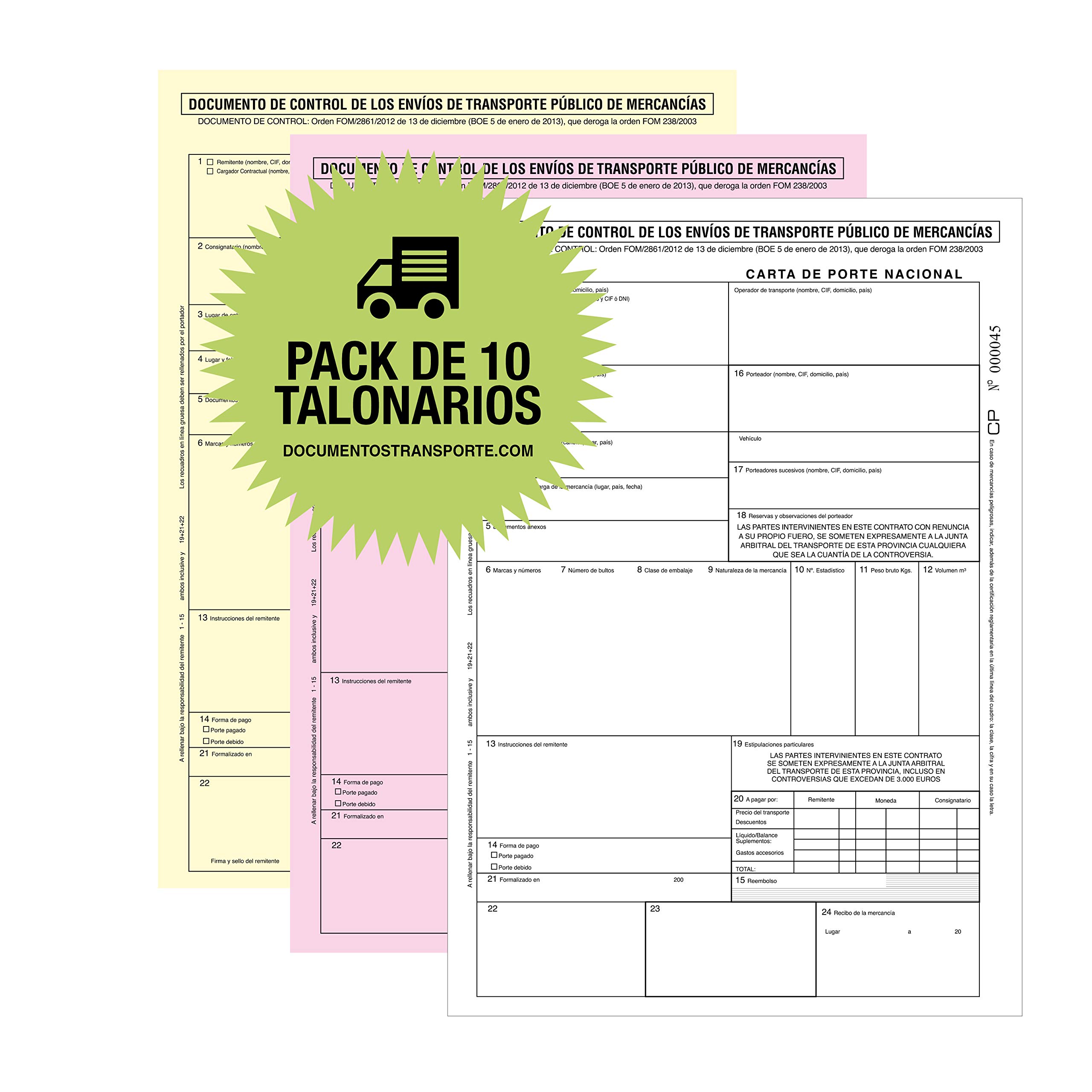 Pack 10 Talonarios CARTA DE PORTE NACIONAL, tamaño A4 - Autocopiativos - 3 Copias numeradas