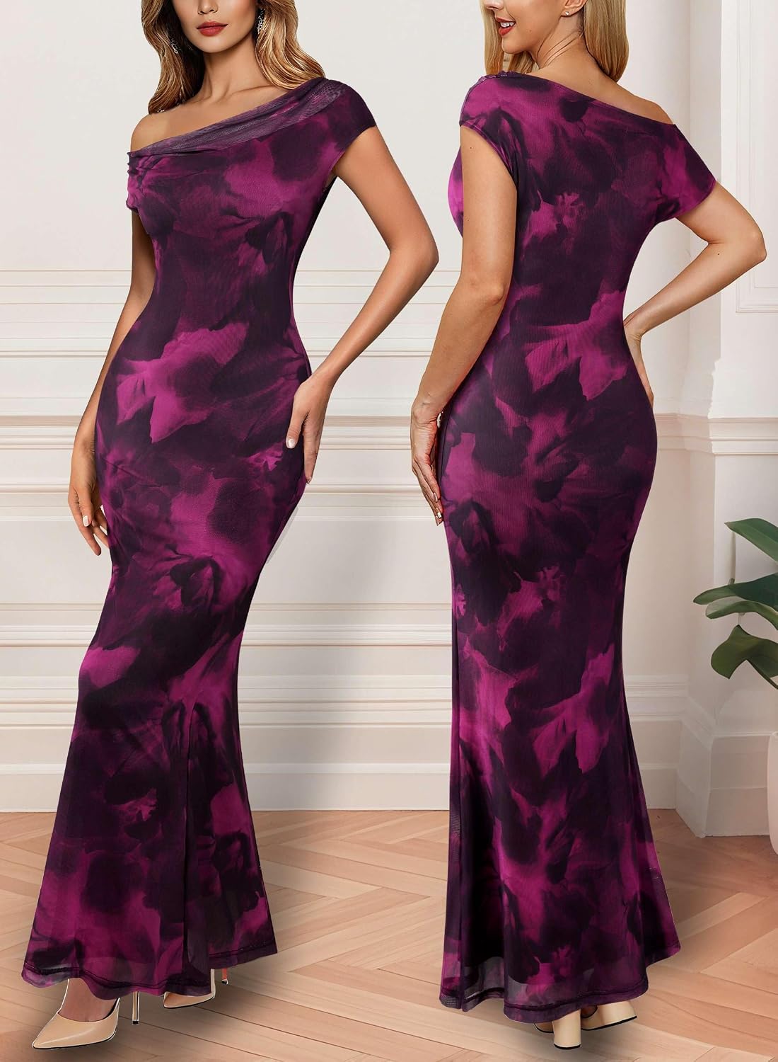 VFSHOW Womens Off The Shoulder Wedding Guest Maxi Long Dress 2026 Sexy Mesh One Shoulder Formal Cocktail Bodycon Dresses