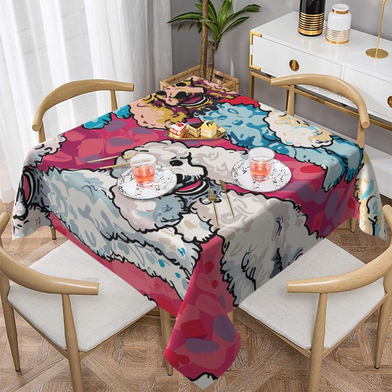 WPKJU Poodles Dogs Printed Square Tablecloth 54x54 inch Water Resistant Table Cover Washable Rectangle Table Cloth for Dining Tables