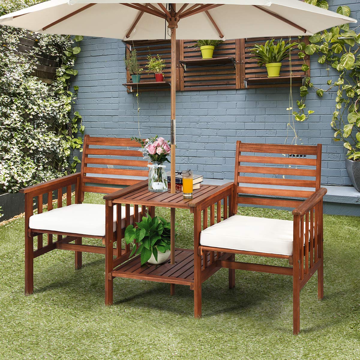 COSTWAY Gartenbank mit Tisch, 2-Sitzer Holzbank mit Sitzkissen & Schirmloch, Sitzbank aus Akazienholz bis 350 kg belastbar, Terrassenbank für Balkon, Garten, Terrasse, 165 x 65 x 88 cm