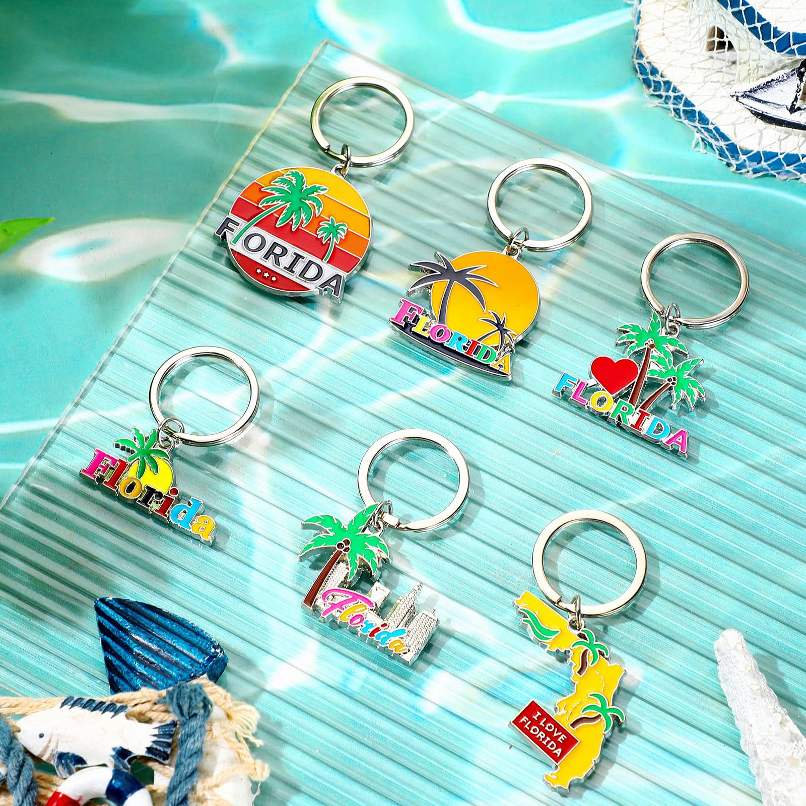 Landical 6 Sets Florida Souvenir Gifts Include 6 Pcs Florida Cosmetic Bag and 6 Pcs Metal Keychain for Women Traveler Christmas Party Gifts