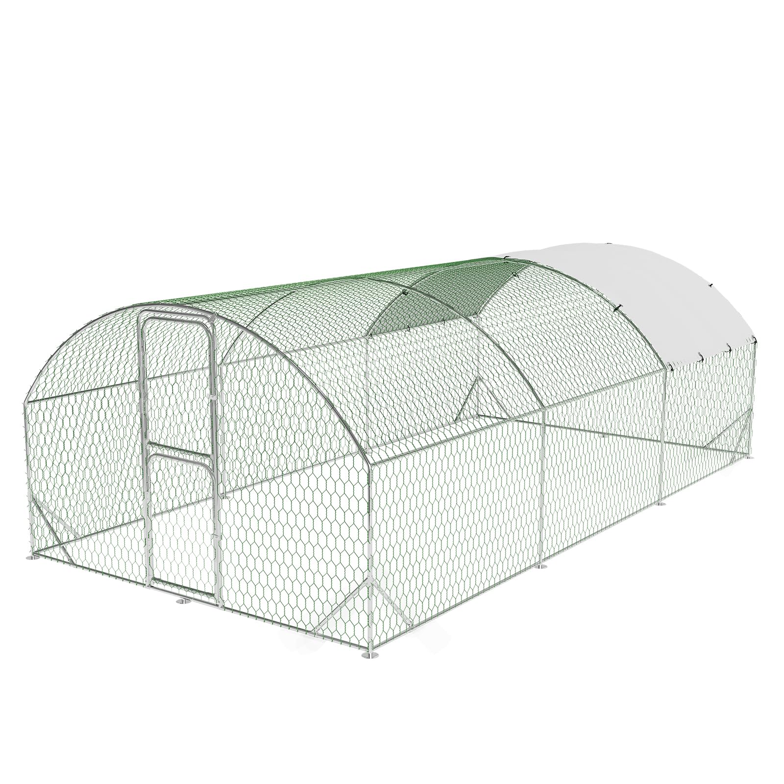 Gallinero de metal con paseo, jaula para aves de corral al aire libre con puertas dobles, cubierta resistente a la intemperie y a los rayos UV para pollos, patos, gansos, conejos, patio trasero o uso