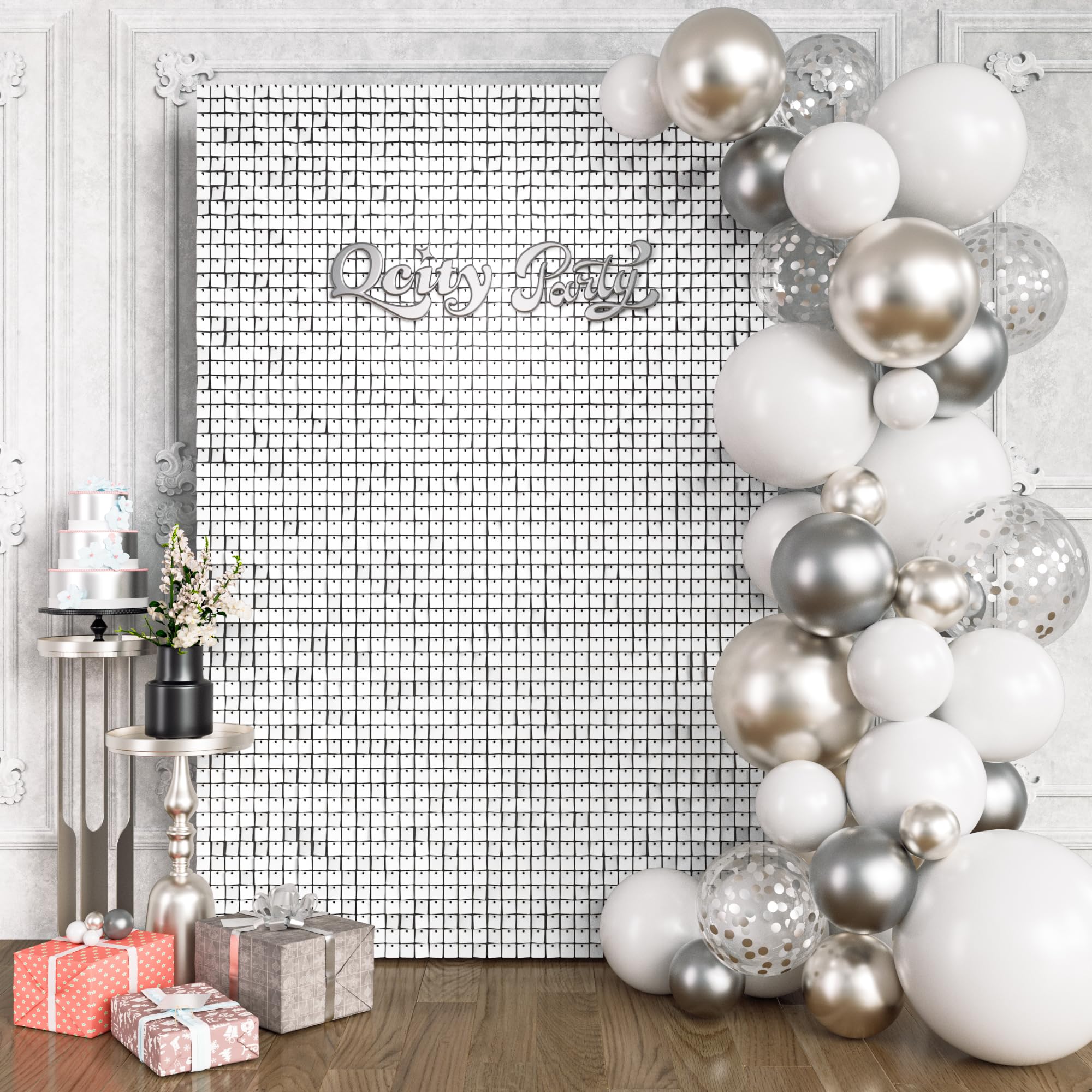 Qcity Matte White Sequin Wall Backdrop 24PCS, Black Back Not See-Through Design, Square Sequin Glitter Backdrop Panel, Perfect for Outdoor Events,