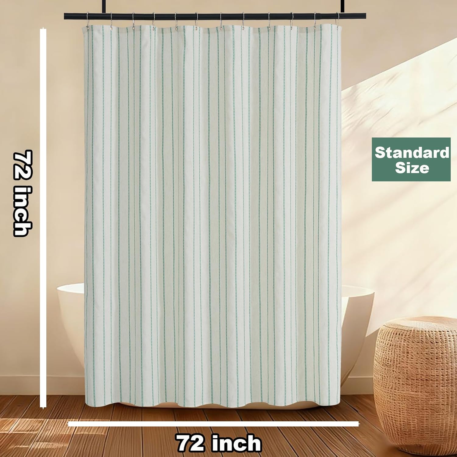 PROCIDA Green Shower Curtain-Stripeddot Striped, 72x72 Inch Yarn Dyed Linen Blend Cloth Fabric Bathroom Curtain with 12 Metal Hooks, Bath Curtain for Modern Farmhouse Bathrooms