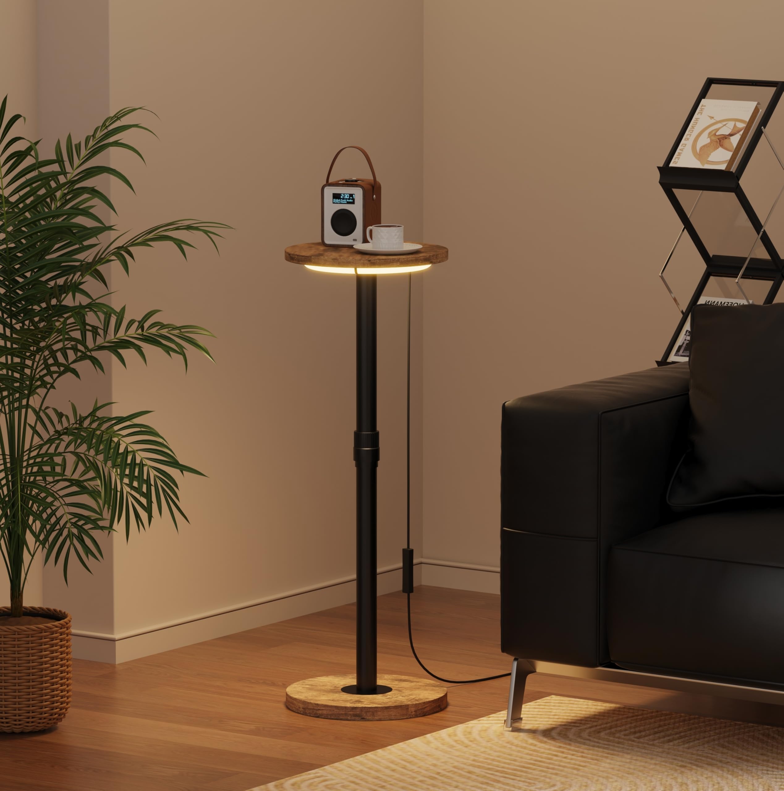 Redd Royal Round Small Side Table Sofa Table Wood with Led Light, 25cm Narrow End Table Tall Coffee Table Height Adjustable 47 to 82cm for Living Room Bedroom (25cm espresso table with led light)