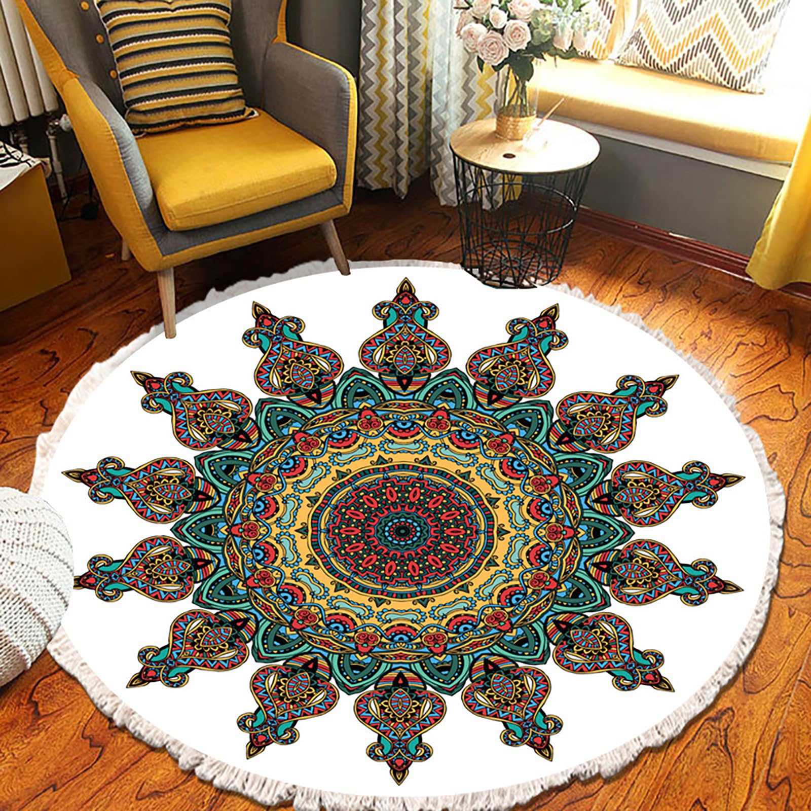 Tapis rond bohème 120cm avec motif floral géométrique et surface douce