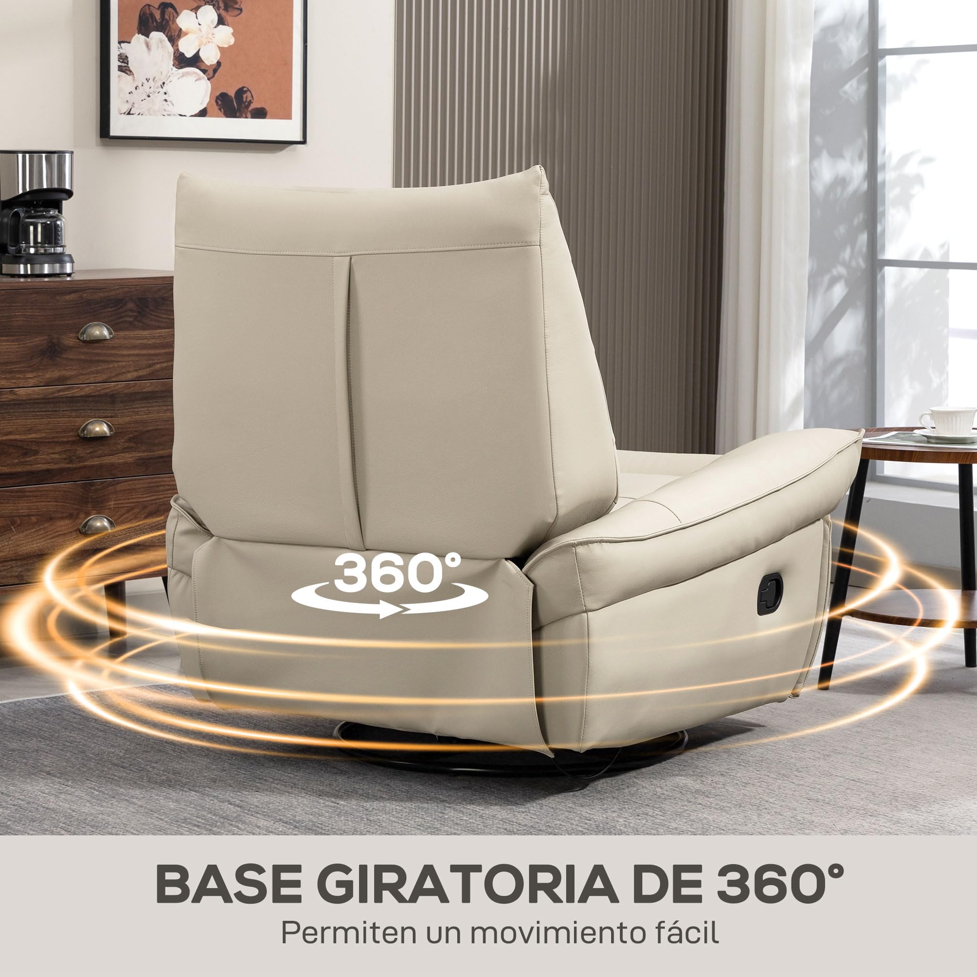 HOMCOM Sillón Relax Reclinable Manual 3 en 1 Giratorio Balancín Crema | Tapizado en PU, Reposapiés, Asiento Amplio, Acolchado Grueso, Butaca Reclinable Hasta 135º