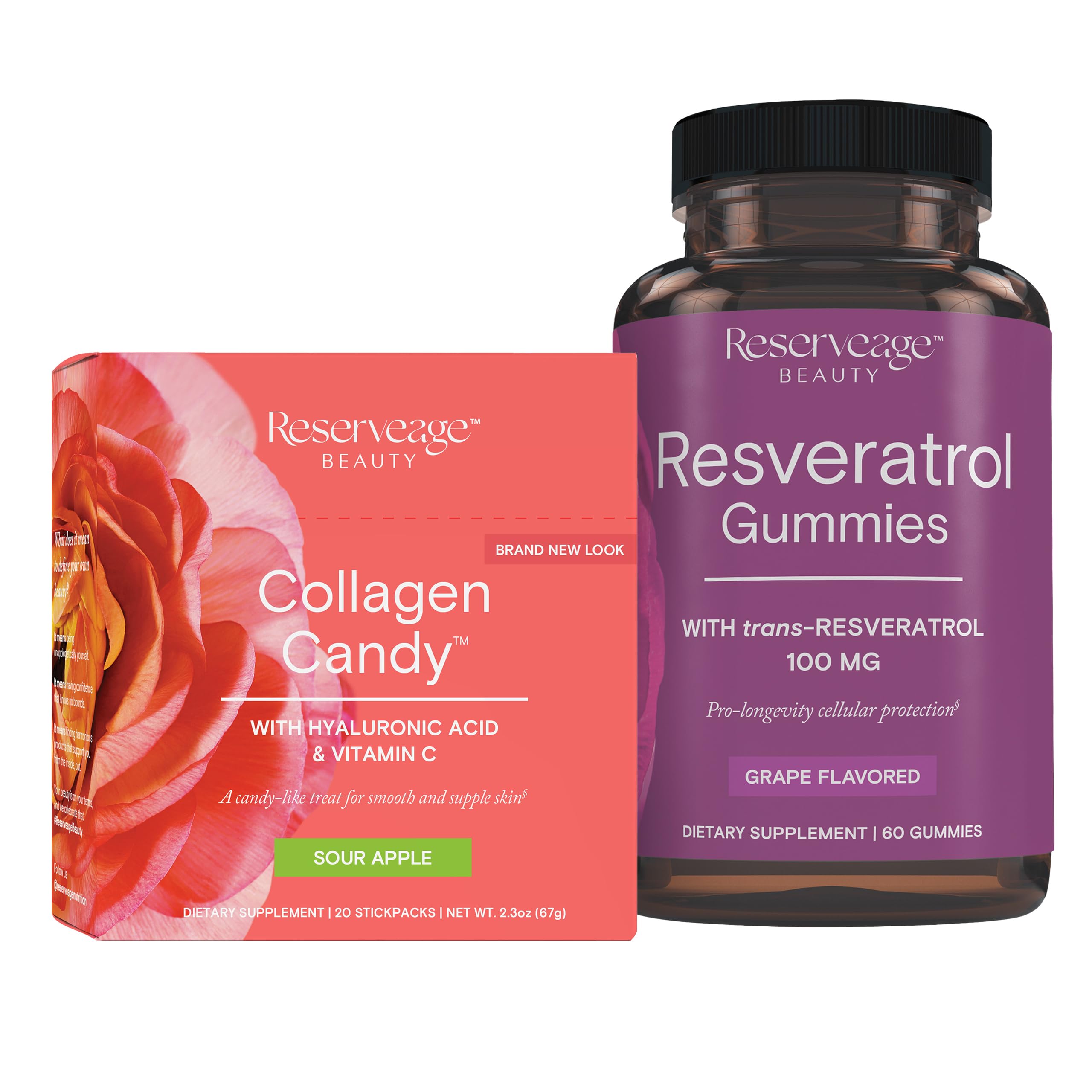 Reserveage Beauty- Resveratrol Gummies 100 mg, Antioxidant Supplement Supports Healthy Aging, Vegan - 1 Pack & Collagen Candy, Collagen Supplement for Skin Care and Hair Growth, Collagen Booster, Sou