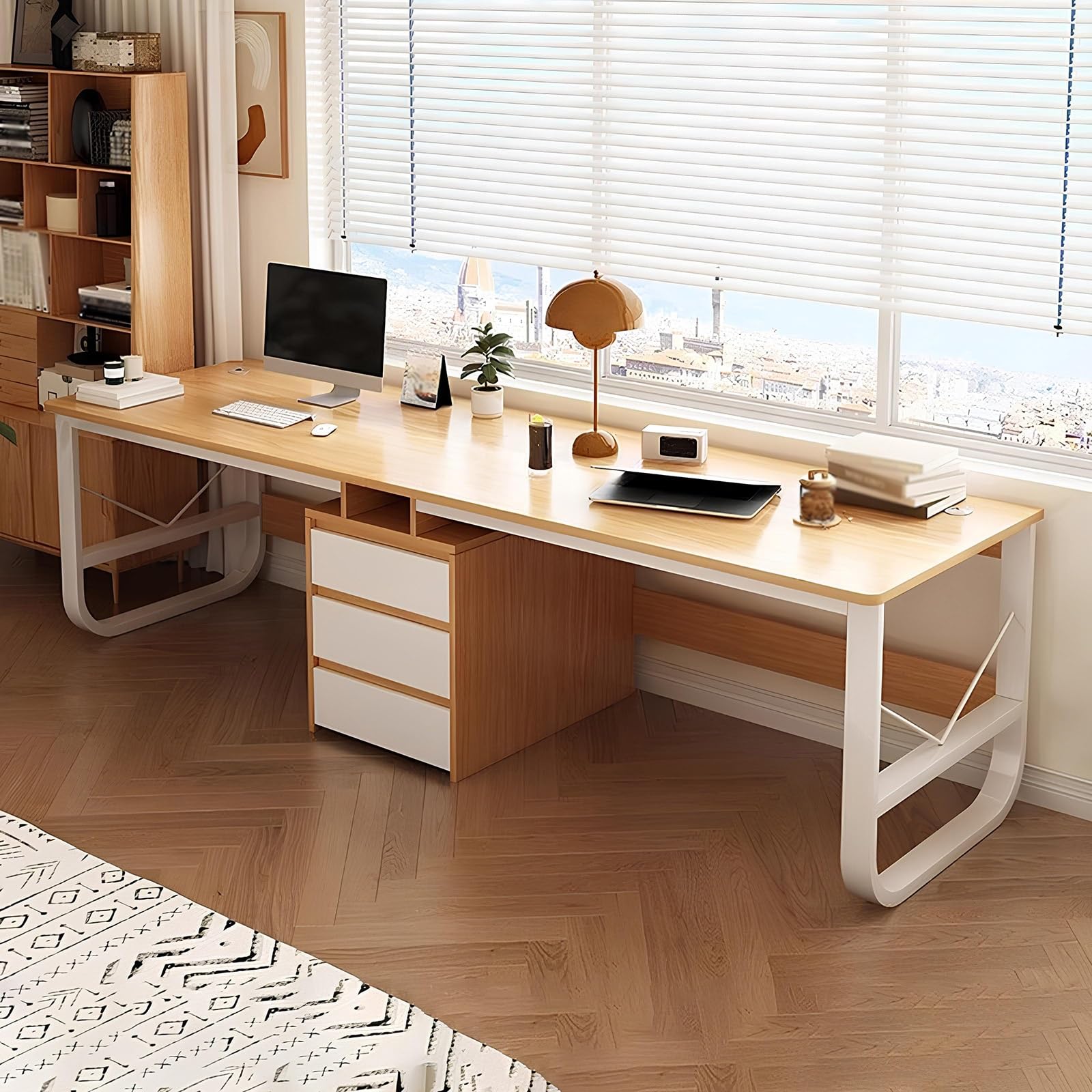 Double Desk for Two People, Computer Desk, Modern Style, Wood Color, 200cm x 50cm x 73cm, 2 Drawers, Home Office, Studying, Working
