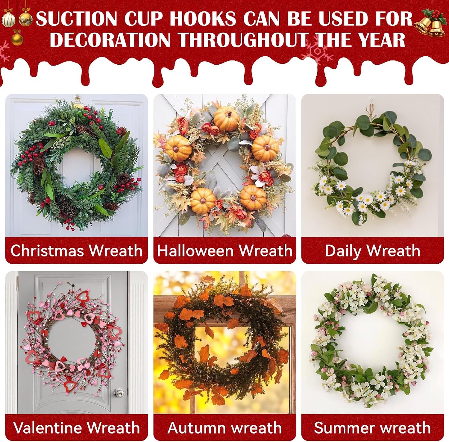 2 Pack Suction Cup Wreath Hangers for Front Door Garland Hanger 11 Lb -22 Lb Suction Wreath Hanger for Glass Door No Drill Suction Hooks for Bathroom Halloween Christmas Decorations (Gold)