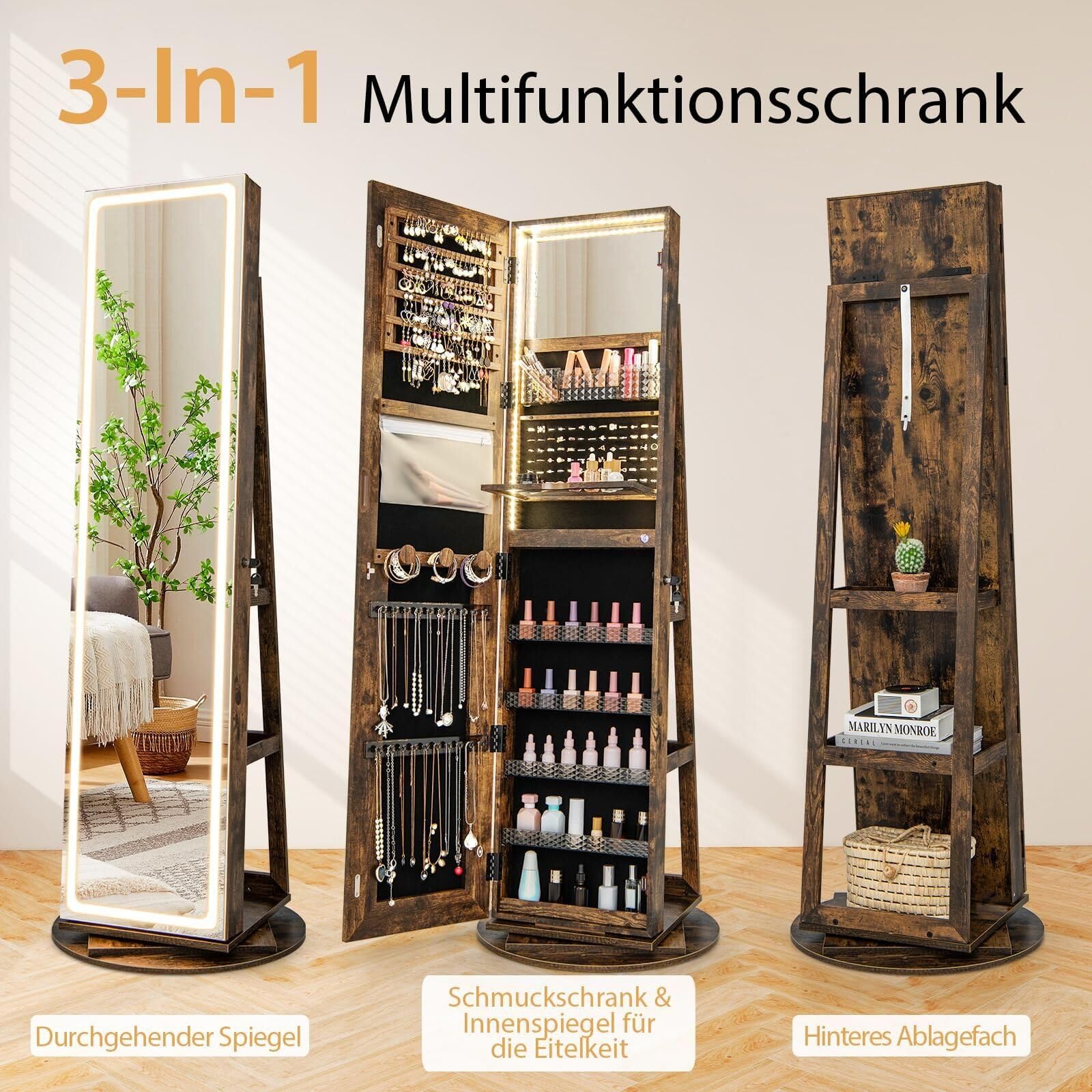 RELAX4LIFE Schmuckschrank, Schmuck Spiegelschrank stehend, Standspiegel mit LED-Lichtern, mit Ganzkörperspiegel, 3 Ablagen, 360° drehbar, abschließbar, mit Schlüsseln(Kaffee)