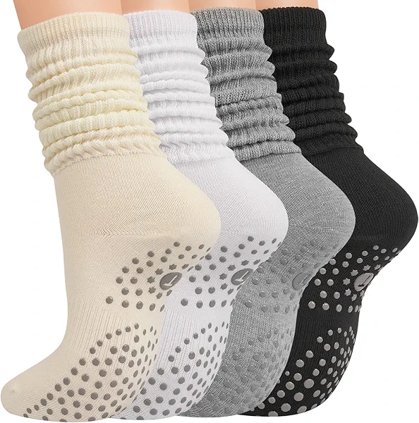Juedverty Grip Pilates Slouch Socks for Women, Non Slip Scrunch Yoga Barre, Grippy Slouchy Knee High Boot Socks for Hospital
