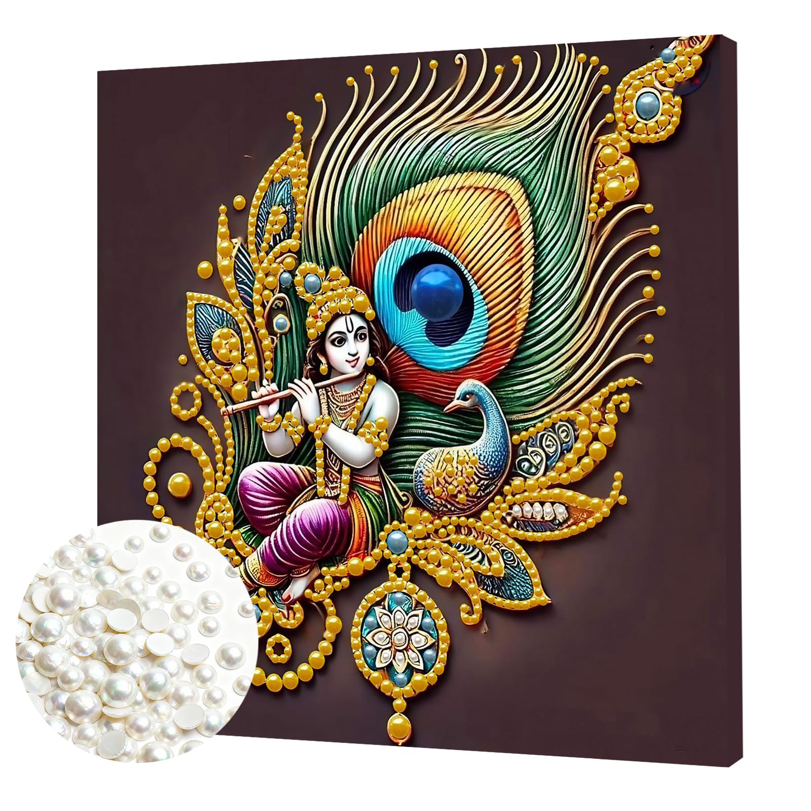 DIY Pearl Painting Kit with Wooden Frame, 3D Plastic Pearl Gemstone Ocean Art Craft for Adults Beginners, Diamond Dot Painting, Home Wall Decor Ready Gift for Women(Indian Peacock Krishna)(30 * 30cm)