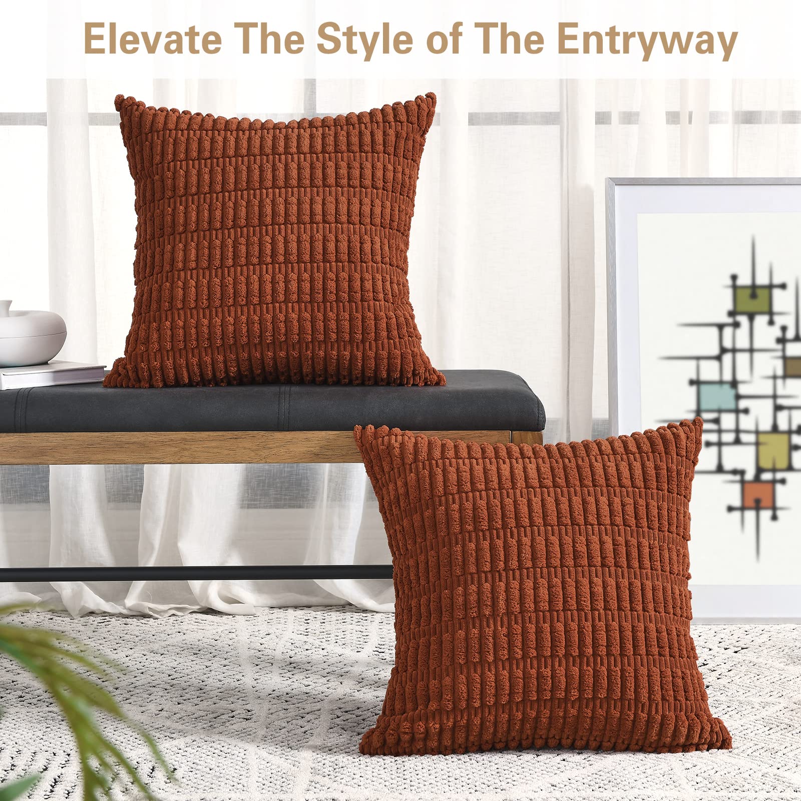 Volcanics Pack of 2 Rust Decorative Throw Pillow Covers 20x20 Inch (50x50cm), Soft Corduroy Striped Square Cushion Cases, Modern Farmhouse Boho Home Decor for Couch Bed Sofa Living Room - Image 3