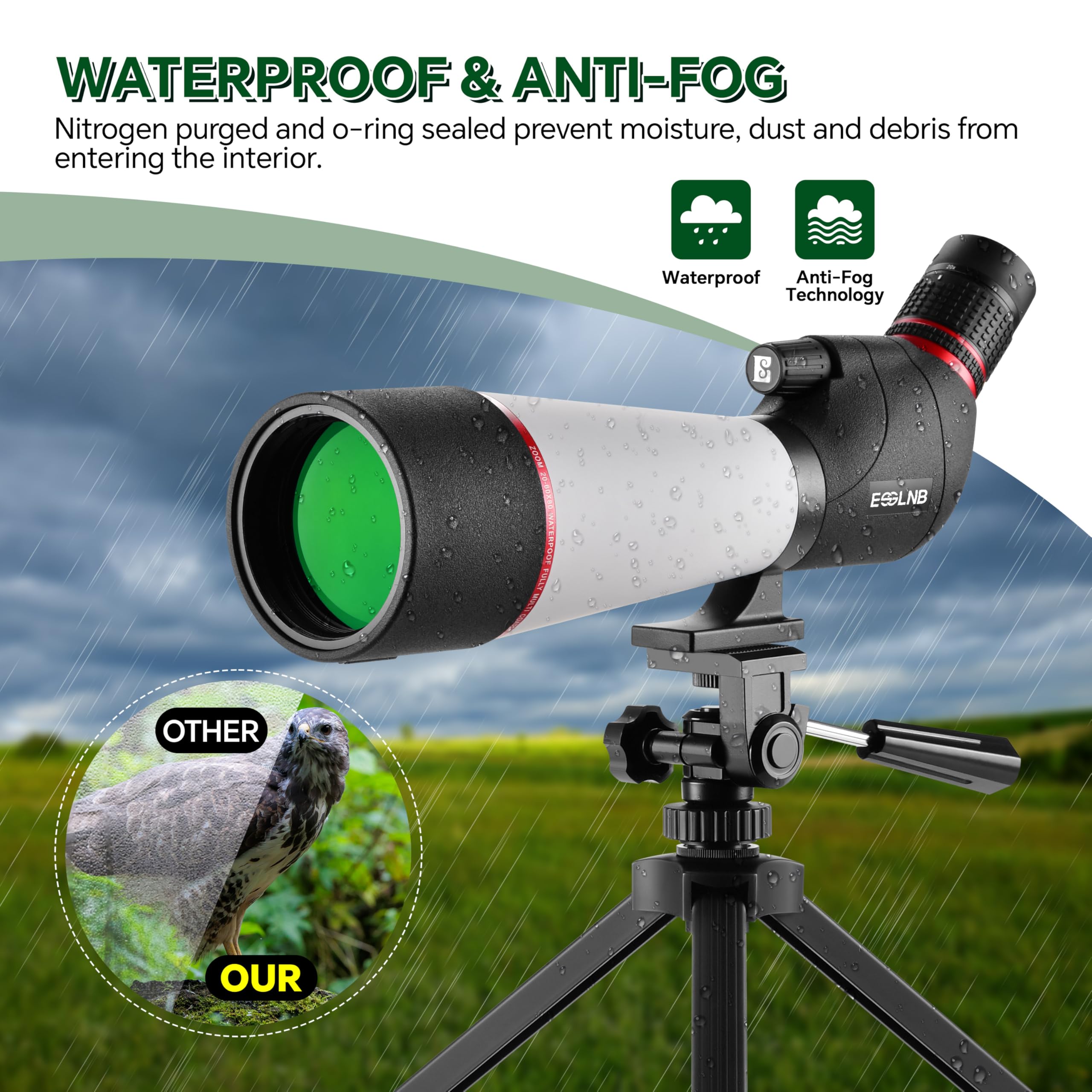 ESSLNB Longue-vue 20-60 x 80 cm avec trépied adaptateur pour smartphone et sac 100 % étanche BAK4 entièrement traité multicouche prisme porro pour le tir à la cible, l'observation des oiseaux et