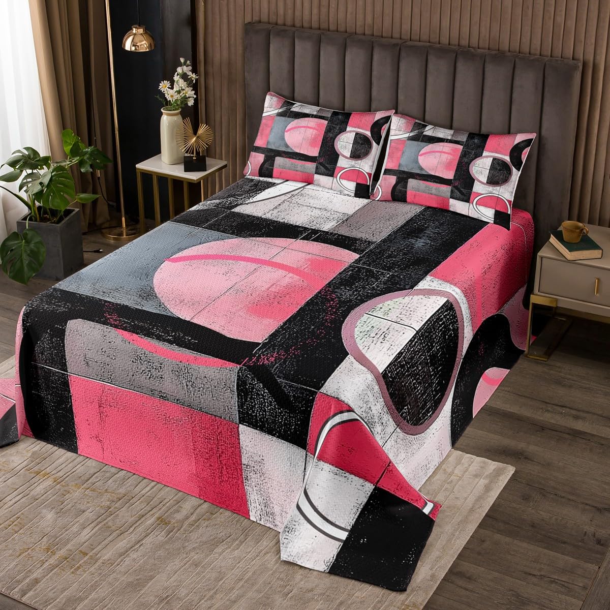 jejeloiu Pink Coal Black Circle Bedspread Twin Size Kids Abstract Geometric Coverlet Set Teens Stripe Line Quilted Coverlet Breathable Soft Lightweight Geometry Room Decor