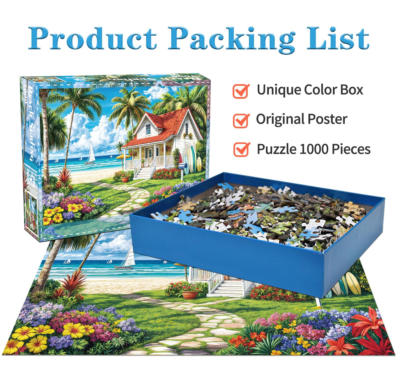 Puzzles 1000 Pieces for Adults jigsaw puzzles for adults-Beach House Fun Surfing-1000 Piece Puzzle Classic Educational Games Beautiful Decoration Puzzle - Image 2