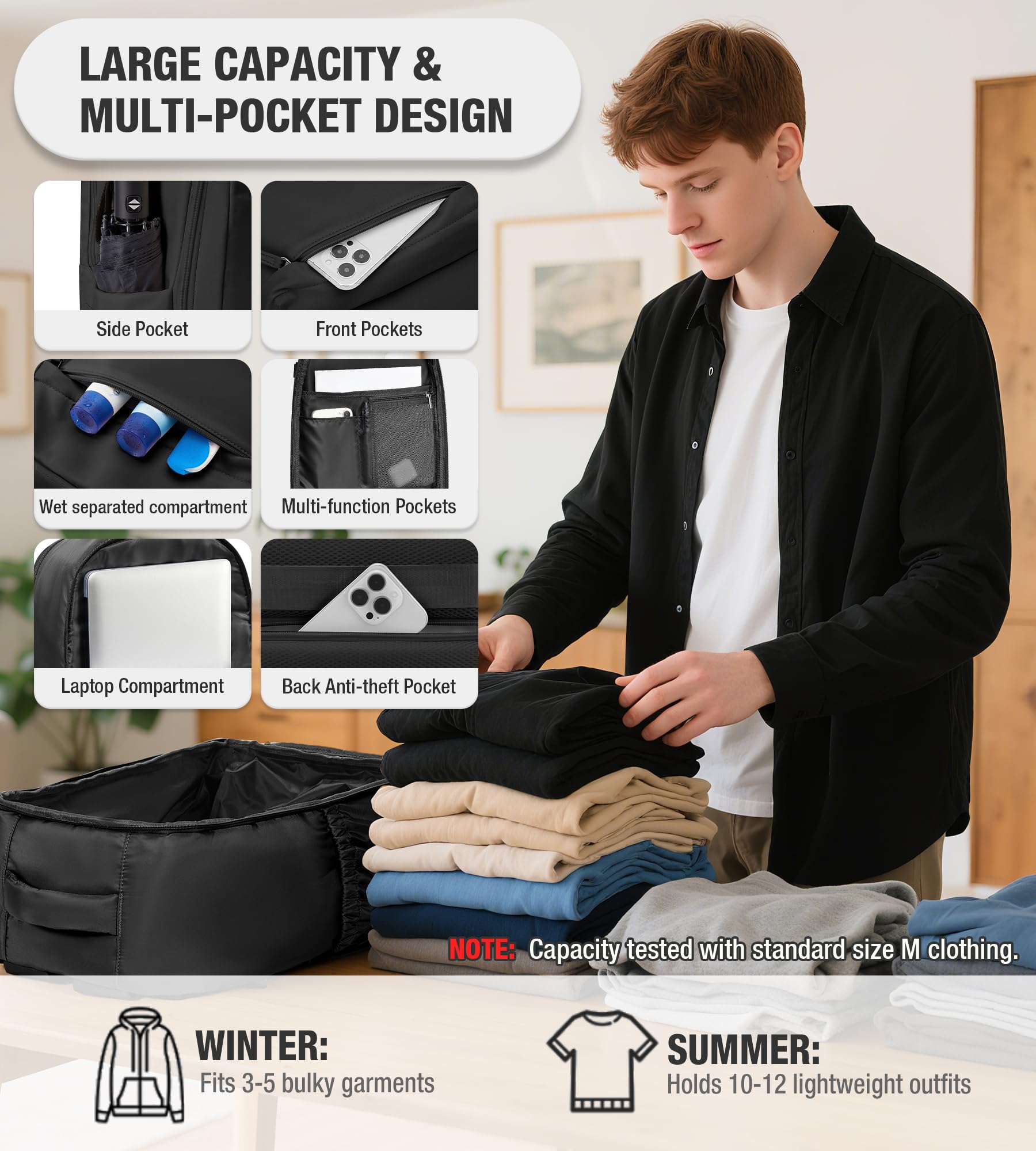 BOXSAM Vakuum Rucksack Handgepäck Flugzeug Tasche Airbag mit Vakuumsystem Reisen Tagesrucksack Ryanair 40x30x25 Rucksack Damen Vacuum Reiserucksack mit Pumpe Wasserdicht Herren Vakuum Koffer.(Schwarz)