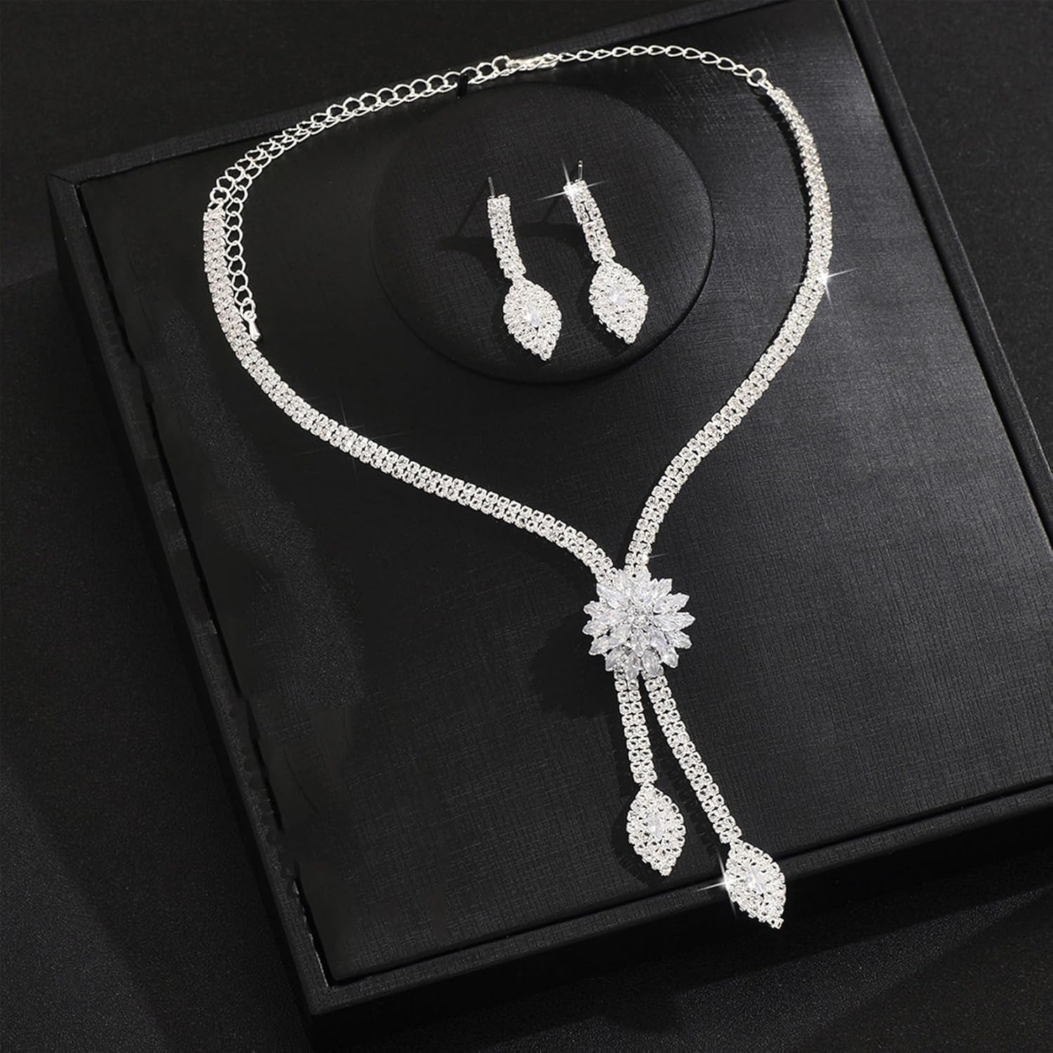 Black Wedding Jewelry Set for Women Dainty Sparkly Rhinestone Earrings Necklace Stack Boho Crystal Flower Choker Bridal Prom Formal Costume Jewelry Gift - Image 4