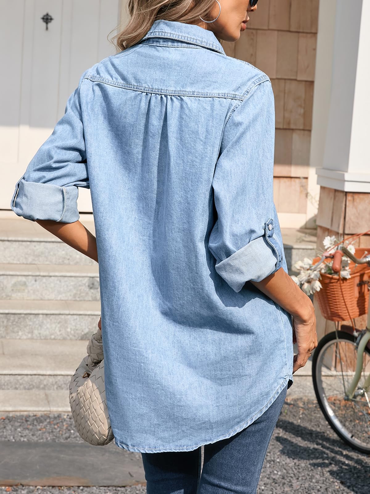Kedera Klassische Damenbluse mit langen Ärmeln, mit Knopfleiste, Denim, Druckknopf-Oberteil