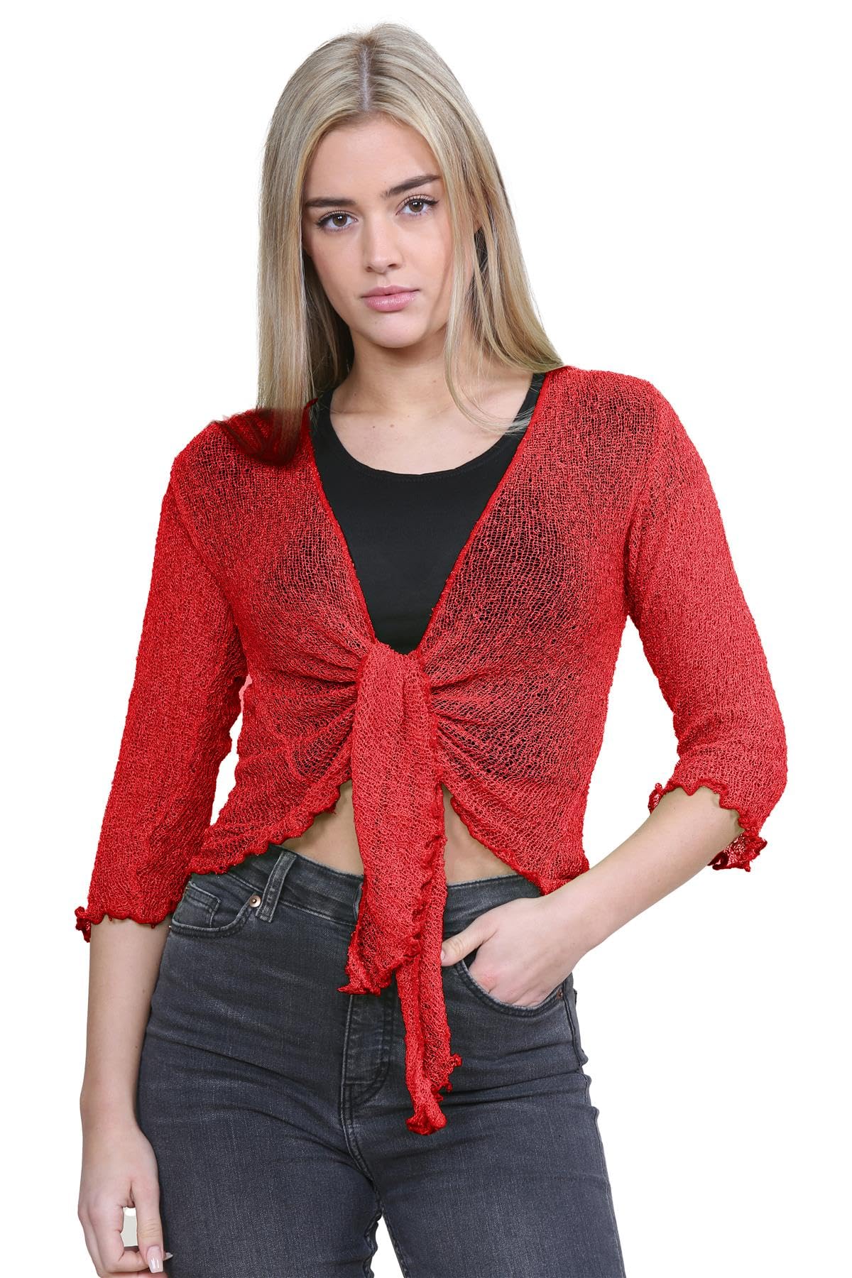 Janisramone Women s Shrugs Double Fine Knit 3 4 Sleeve Tie Front Top Bolero Cropped Cardigan Stretchy Lightweight