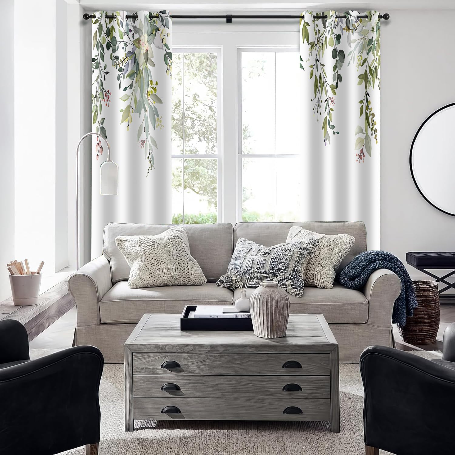 Green Eucalyptus Leaf Curtains 84 Inch Length 2 Panels Set Sage Green Print Floral Curtains Noise Reducing Thermal Botanical Decor Drapes for Bedroom Living Room 42" W x 84" L
