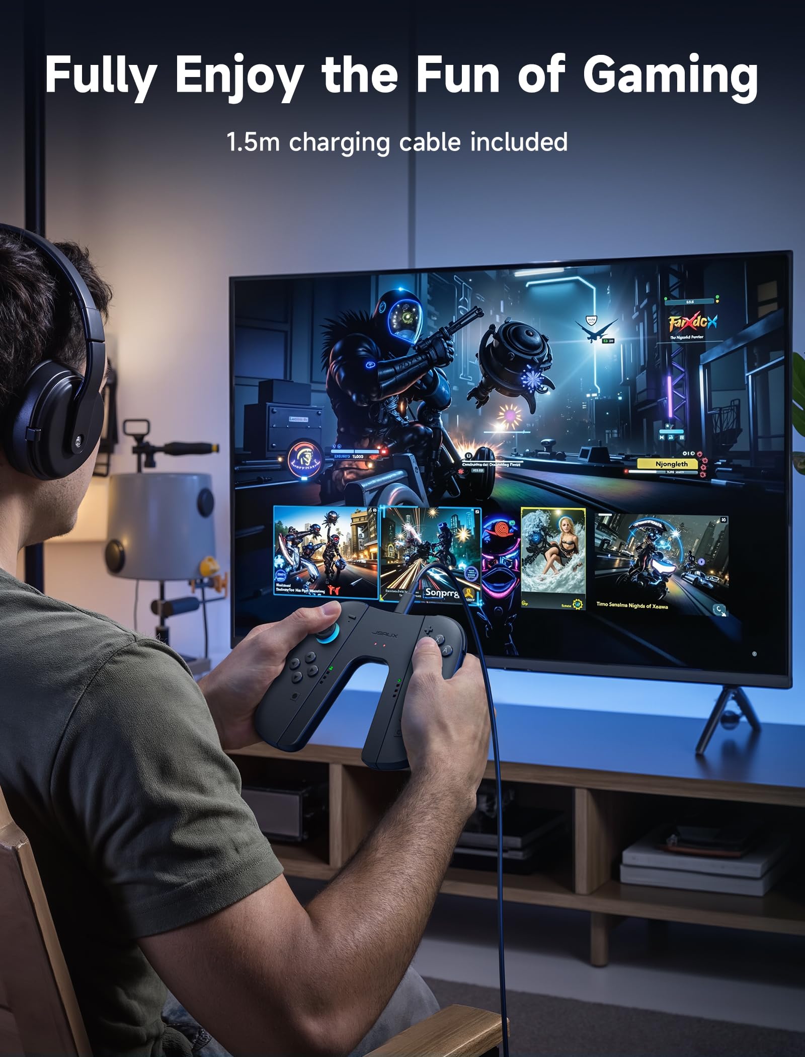 JSAUX Agarre de Carga para Switch 2, Controlador con Agarre Magnético Compatible con JoyCon de Switch 2, Juega Mientras Cargas con Indicador LED y Cable de Carga de 1.5m/4.9ft - Negro