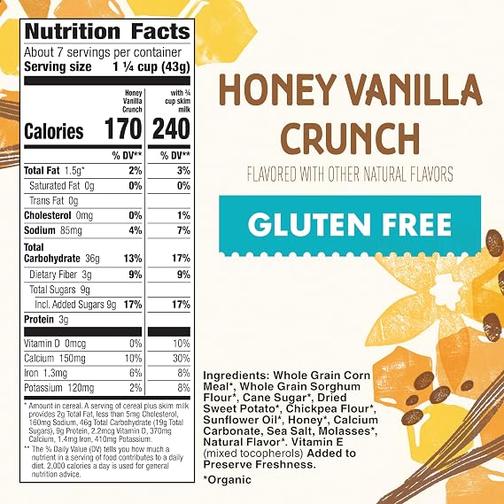 Cascadian Farm Organic Gluten Free Honey Vanilla Crunch Cereal, 10.5 oz | 26g Whole Grain per Serving, Non-GMO Project Verified, No Artificial Flavors, Great with Milk or as a Yogurt Topping