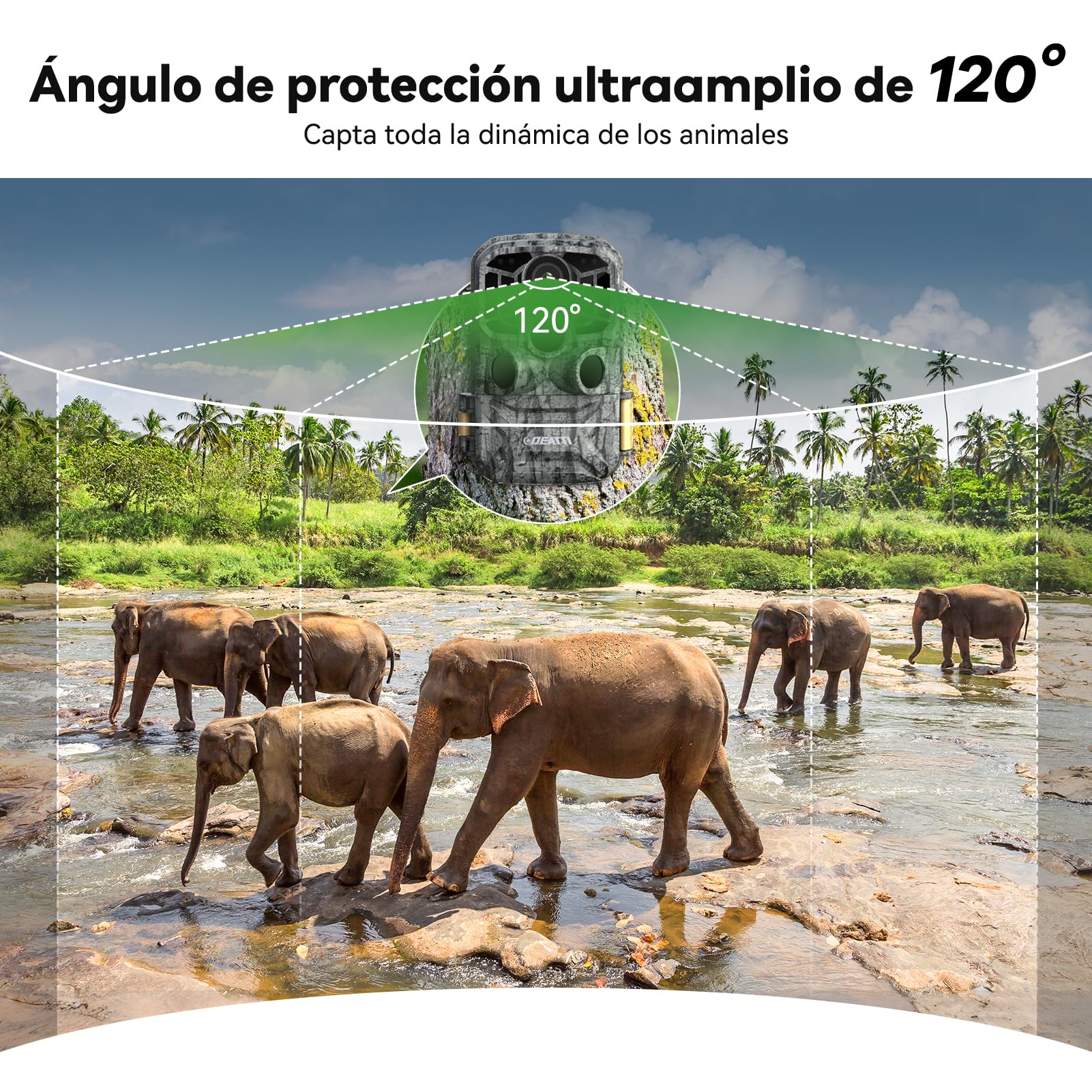 DEATTI Camara de Caza WiFi 4K 48MP,8 Pilas AA Tarjeta 32G Camara Fototrampeo con 0.1s Velocidad de Disparo y Gran Angular de 120° Camara Caza, IP66 Impermeable