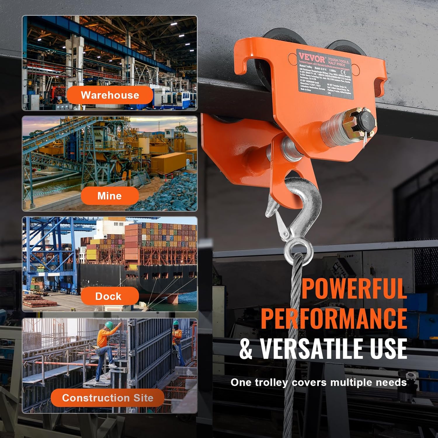 VEVOR Manual Trolley, 2200 lbs/1 Ton Load Capacity, Push Beam Trolley with Dual Wheels, Adjustable for I-Beam Flange Width 2.5" to 8", Heavy Duty Alloy Steel Garage Hoist for Straight Curved I Beam