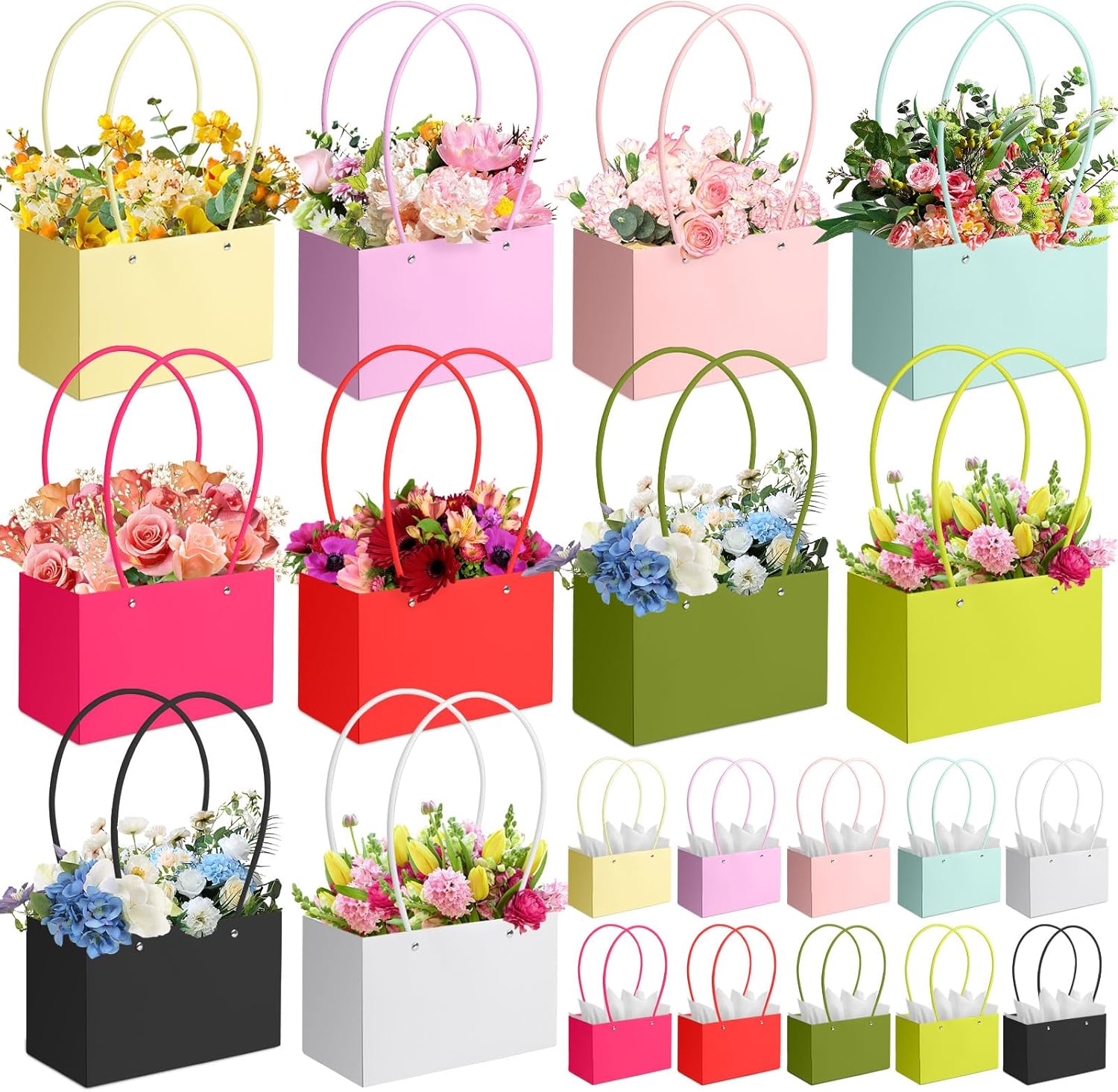 Paper Flower Gift Bags with 40pcs Wrapping Paper, 20pcs Gift Bag Flower with Handles, Mother's Day Flower Bags for Bouquets Flower Gift Boxes for Arrangements Wedding Valentine's Thanksgiving
