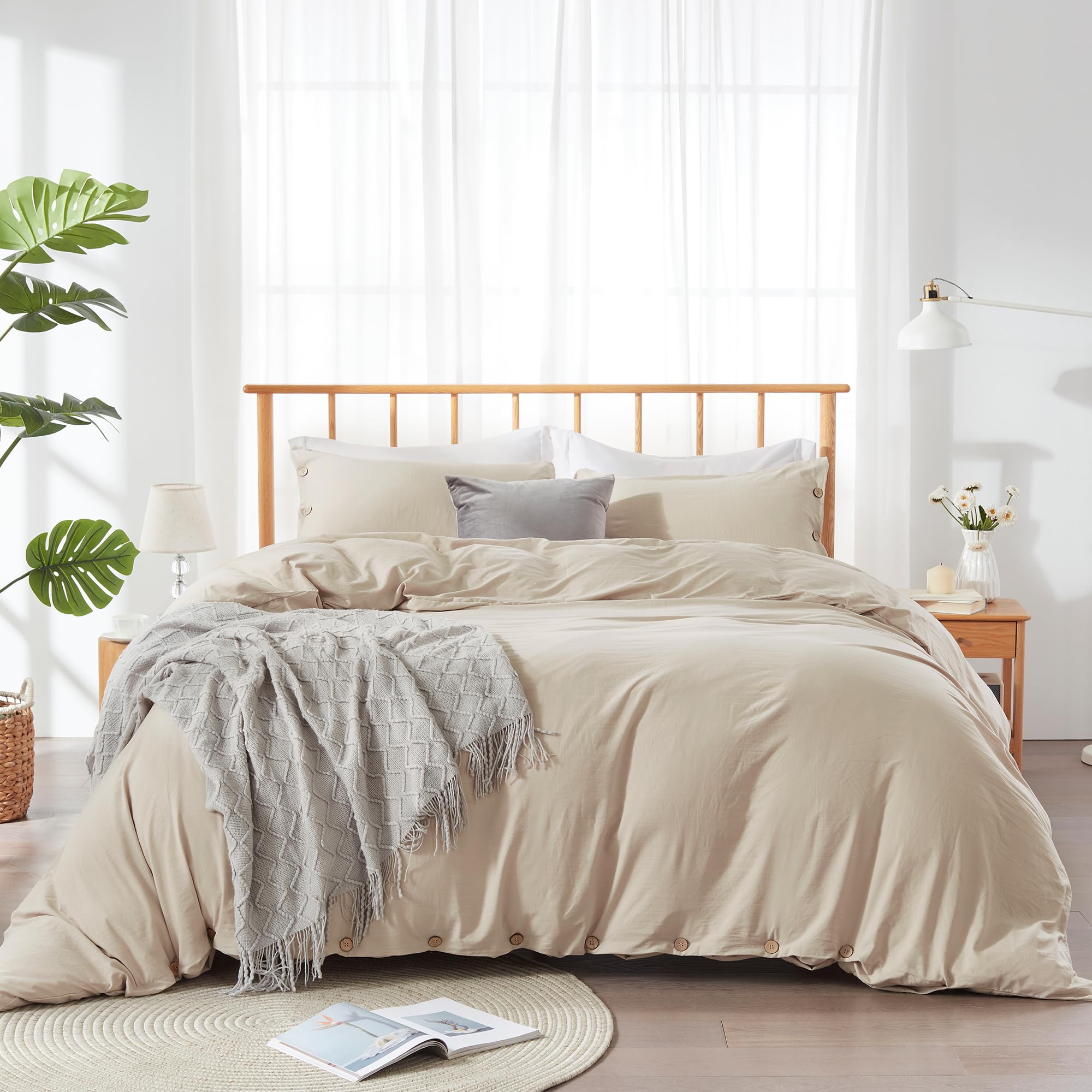 SunStyle Home Cream Grey Duvet Cover Set Queen Size with Buttons Closure, 3 Pieces Solid Color Luxurious Ultra Soft Skin-Friendly Comforter Cover Set (1 Duvet Cover +2 Pillowcases)