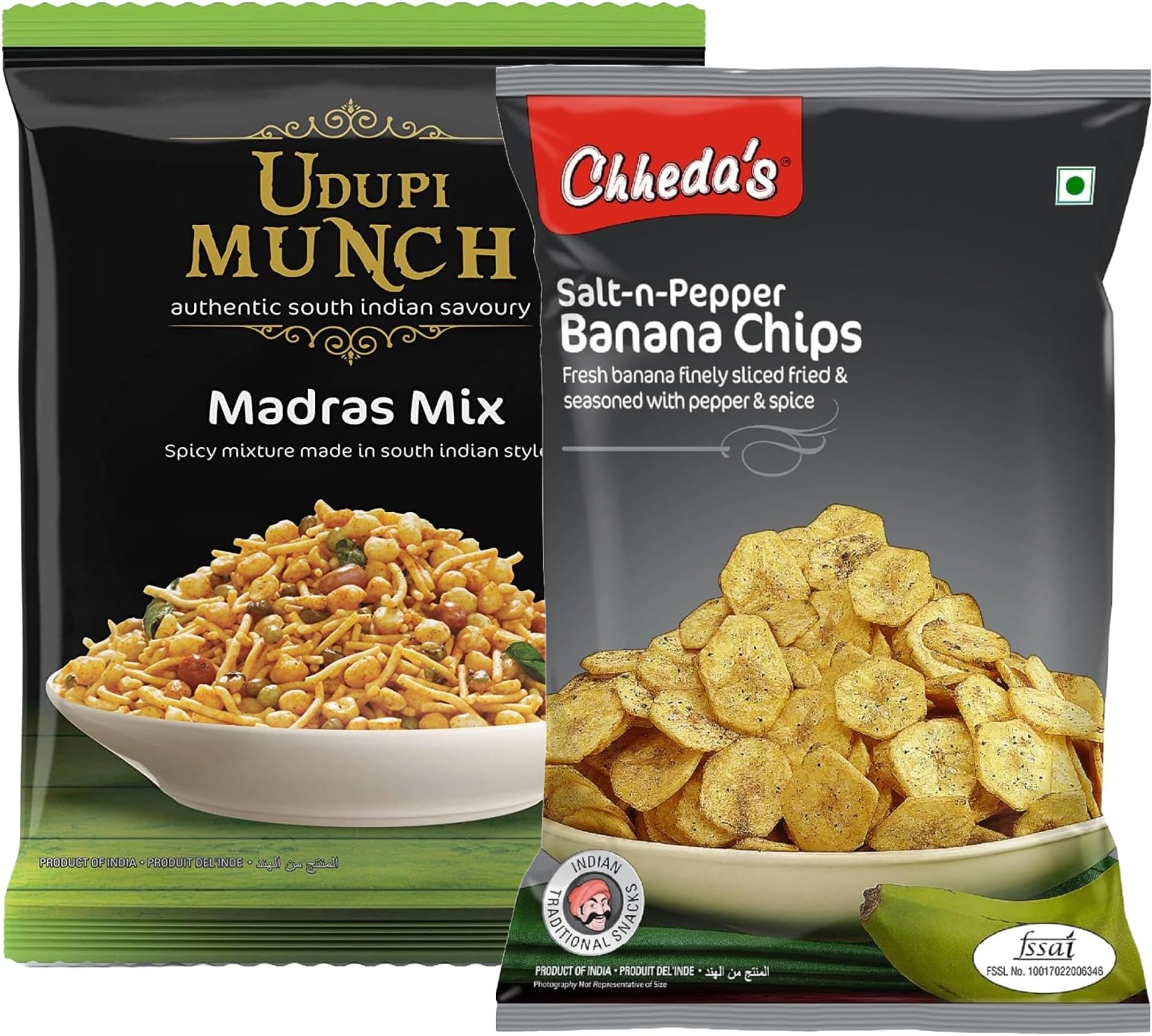 Chheda's - Salt N Pepper Banana Chips (350 Gm) and Udupi Munch Madras Mix (300 Gm) | Banana Wafers | Indian Namkeen | Tasty Snacks | Ready to Eat - Combo Pack