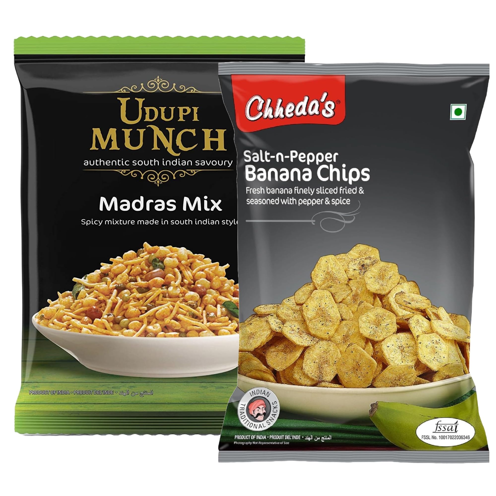 Chheda's - Salt N Pepper Banana Chips (350 Gm) and Udupi Munch Madras Mix (300 Gm) | Banana Wafers | Indian Namkeen | Tasty Snacks | Ready to Eat - Combo Pack