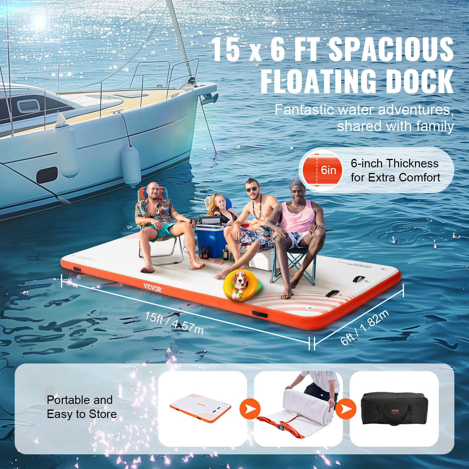 VEVOR Aufblasbares Schwimmdock, 4,57 x 1,82 m, Dockplattform, rutschfeste Wasserschwimmdockmatte mit tragbarer Tragetasche und Abnehmbarer Leiter, schwimmende Plattform-Inselfloß für Pool, Strand
